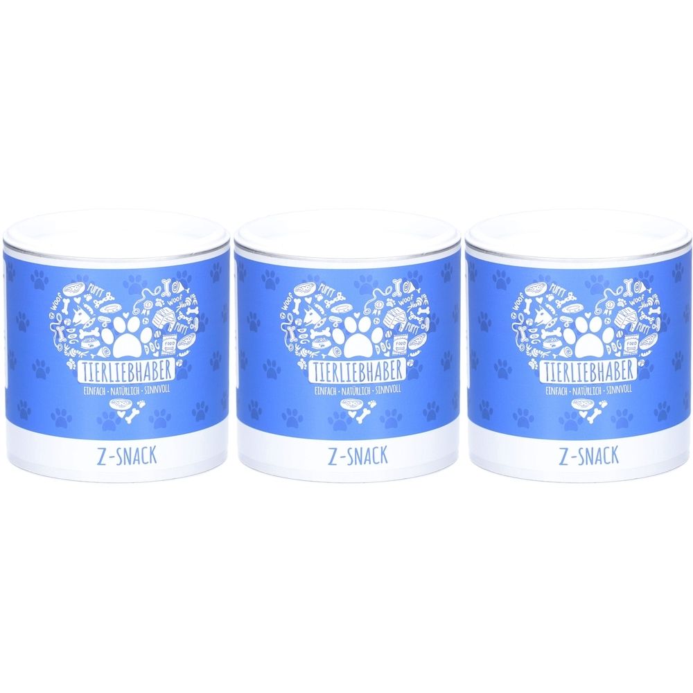 Trois boîtes bleues. L'étiquette présente un cœur avec des empreintes de pattes et des os. Le mot "Z-SNACK" est en dessous.