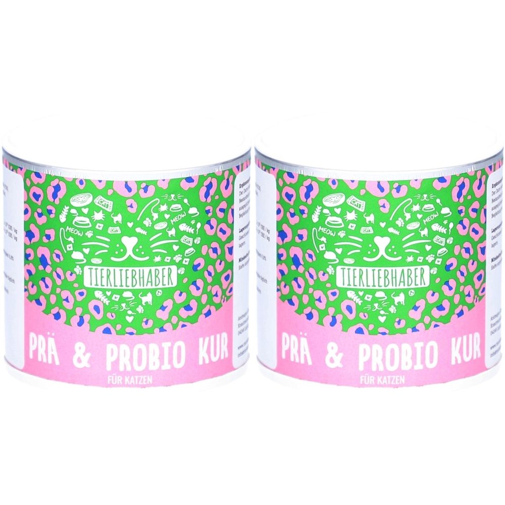 Deux boîtes avec un design vert et rose. Inscription : Tierliebhaber, Prä & Probio Kur für Katzen.
