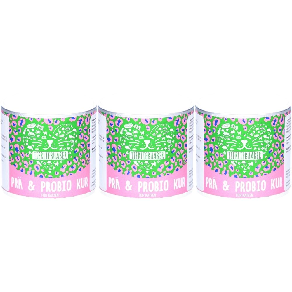 Trois boîtes avec un design rose et vert. Inscription : PRA & PROBIO KUR. Logo : Tierliebhaber. Motif léopard.