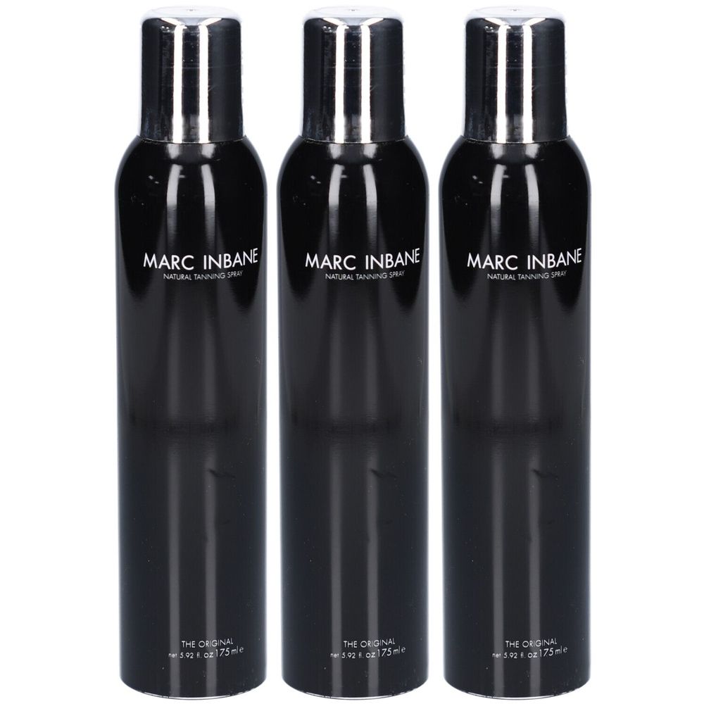 Trois flacons de spray noirs avec des bouchons argentés. Chaque flacon porte l'inscription "MARC INBANE Natural Tanning Spray".