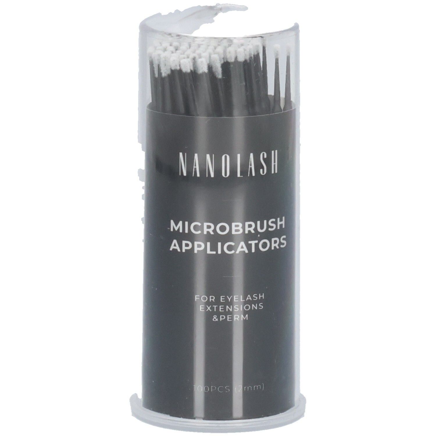 Emballage cylindrique avec applicateurs micro-brosses noirs. Inscription : Nanolash, Microbrush Applicators, pour extensions et permanente de cils.