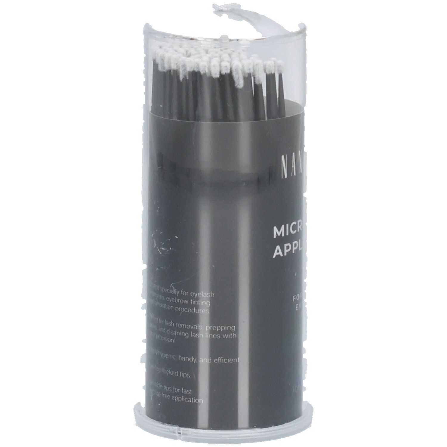 Emballage cylindrique avec applicateurs micro-brosses noirs. Inscription : Nanolash, Microbrush Applicators. Texte sur les traitements des cils.