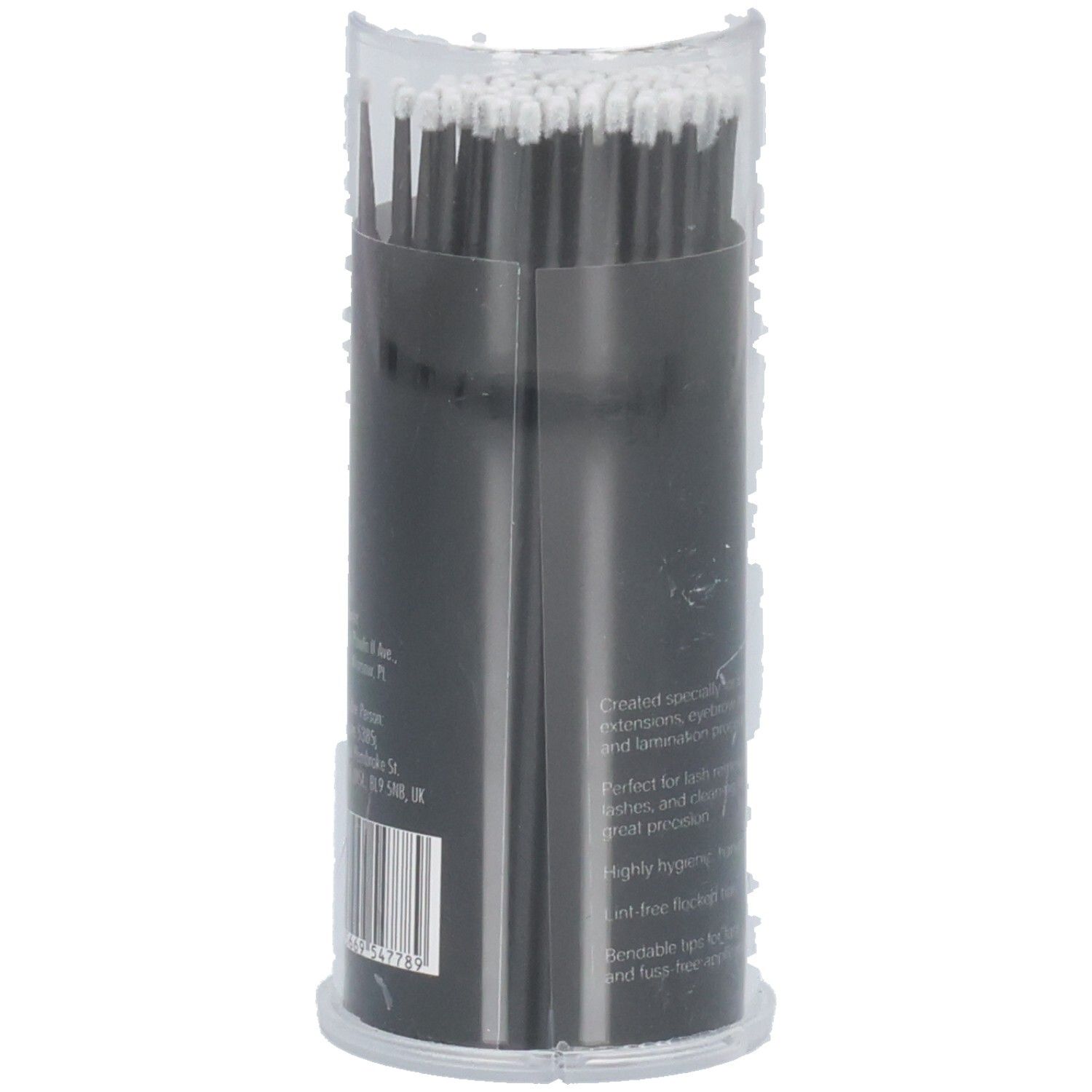 Emballage cylindrique avec applicateurs micro-brosses noirs. Dos avec texte et code-barres. Couvercle transparent.