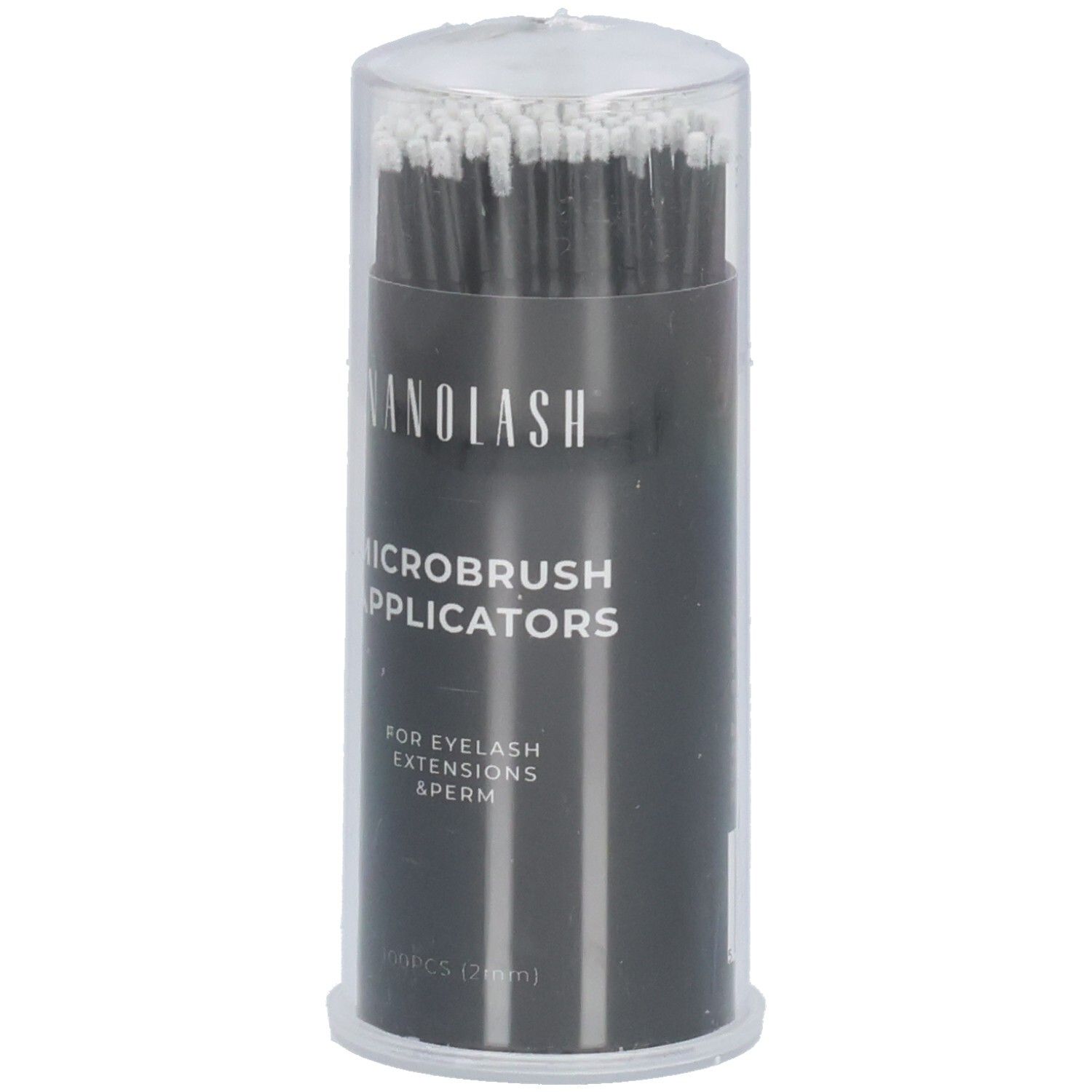 Emballage cylindrique avec applicateurs micro-brosses noirs. Inscription : Nanolash, Microbrush Applicators, pour extensions et permanente de cils.