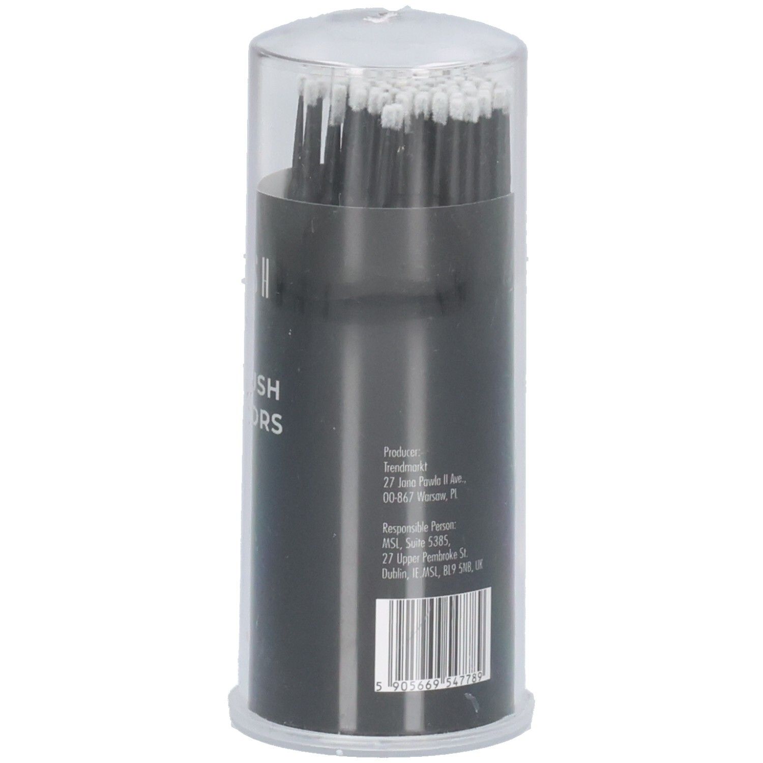 Emballage cylindrique avec applicateurs micro-brosses noirs. Dos avec texte et code-barres. Couvercle transparent.