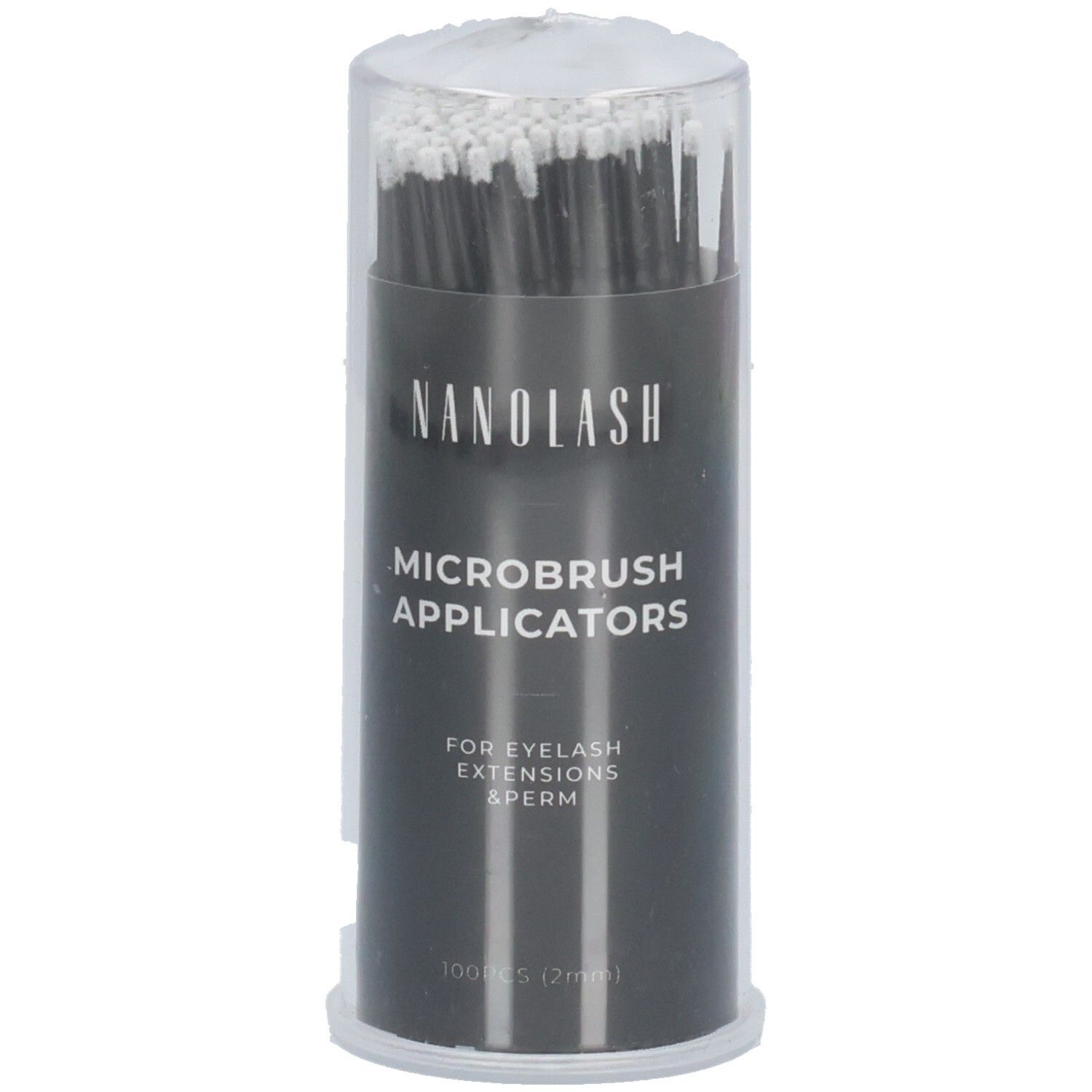 Emballage cylindrique avec applicateurs micro-brosses noirs. Inscription : Nanolash, Microbrush Applicators, pour extensions et permanente de cils.