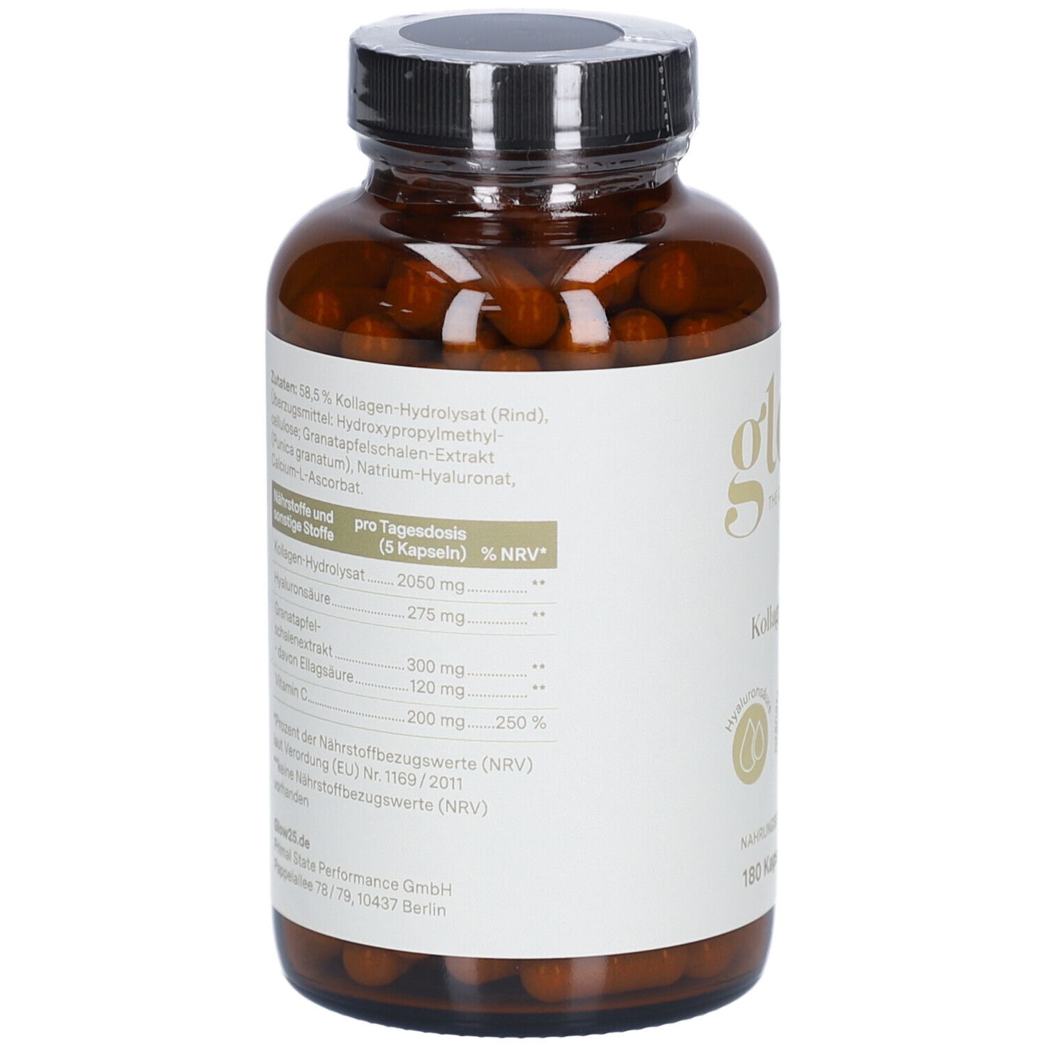 Braune Glasflasche mit Kapseln. Etikett mit Nährwertangaben. Deckel schwarz.