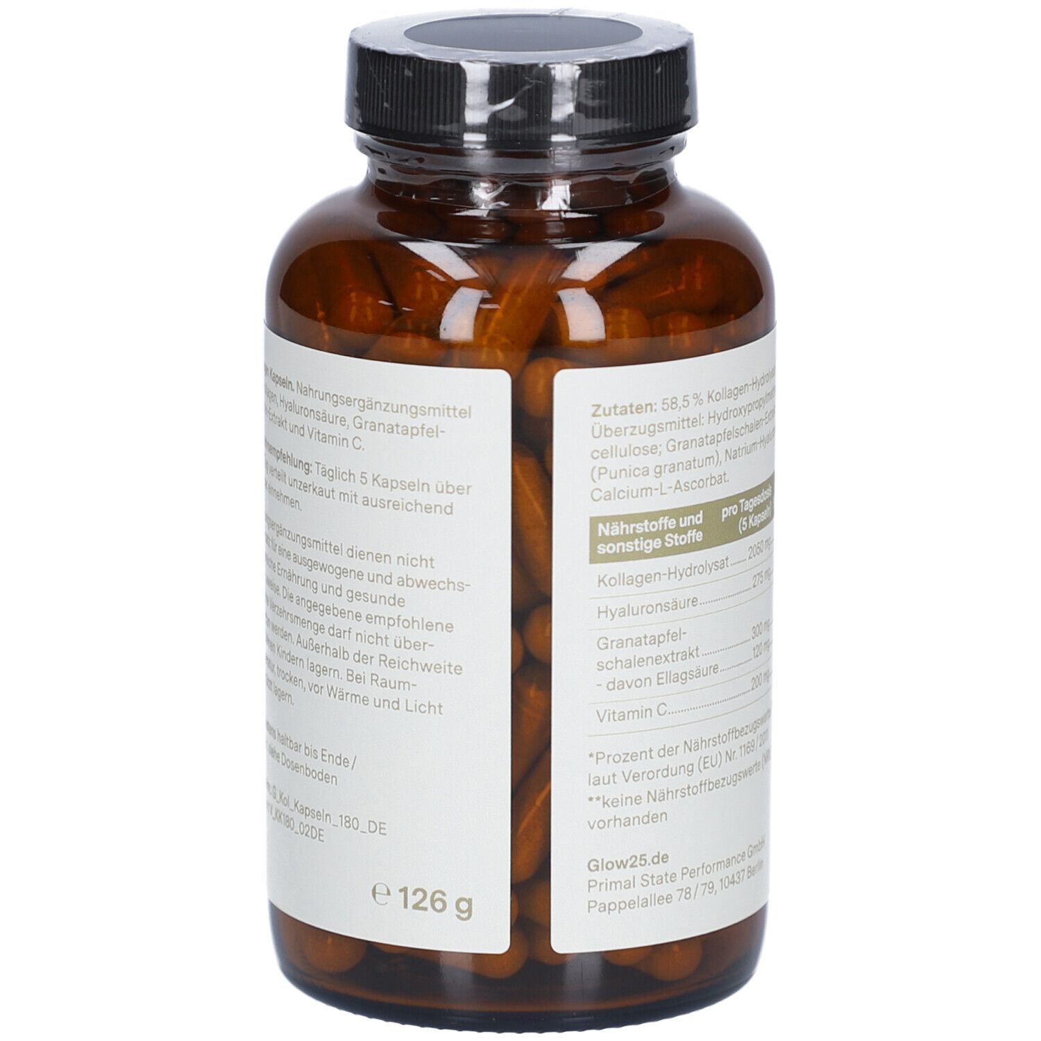 Braune Glasflasche mit Kapseln. Etikett mit Zutaten und Nährwertangaben. Schwarzer Deckel.