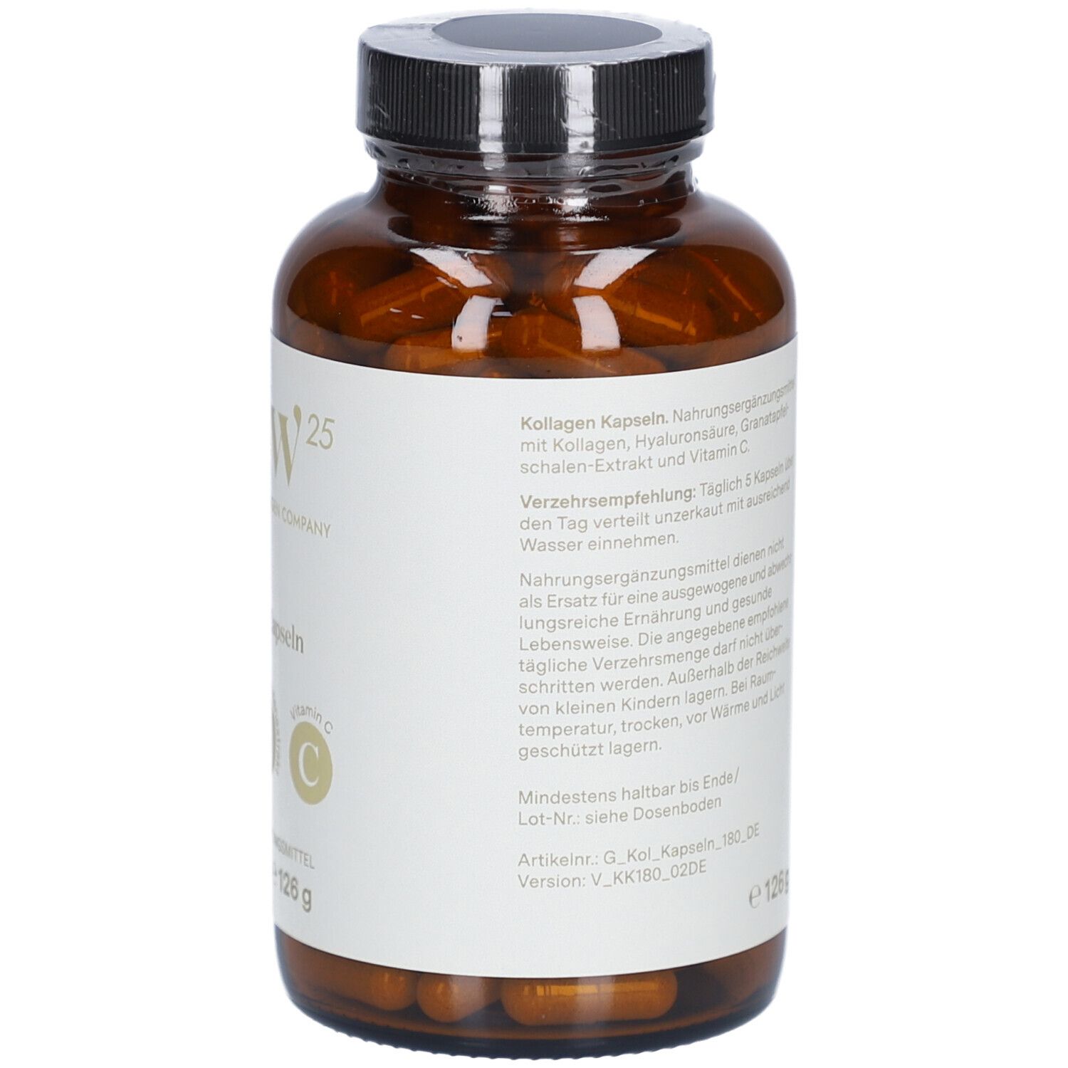 Braune Glasflasche mit Kapseln. Etikett mit Verzehrempfehlung. Schwarzer Deckel.