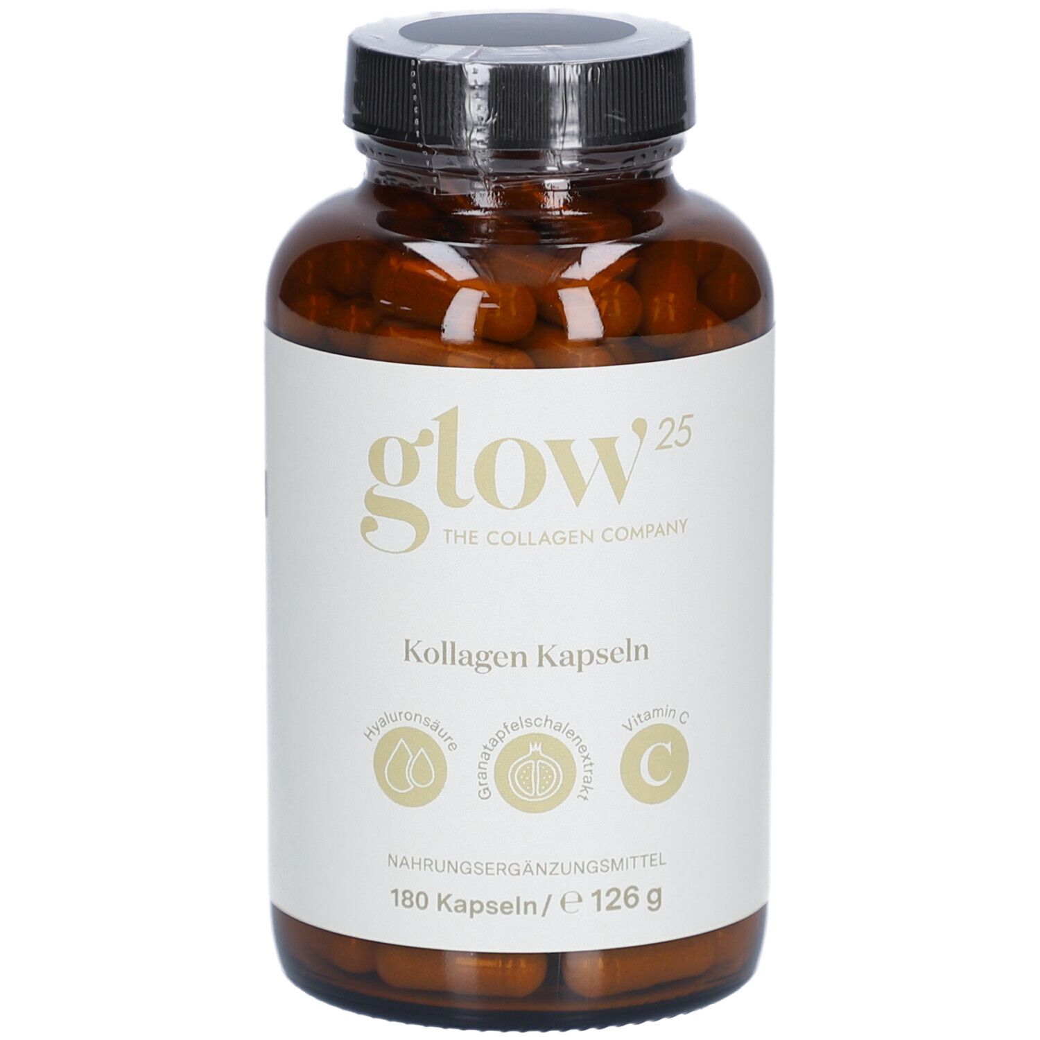 Braune Glasflasche mit Kapseln. Etikett mit Produktbezeichnung und Inhaltsstoffen. Schwarzer Deckel.