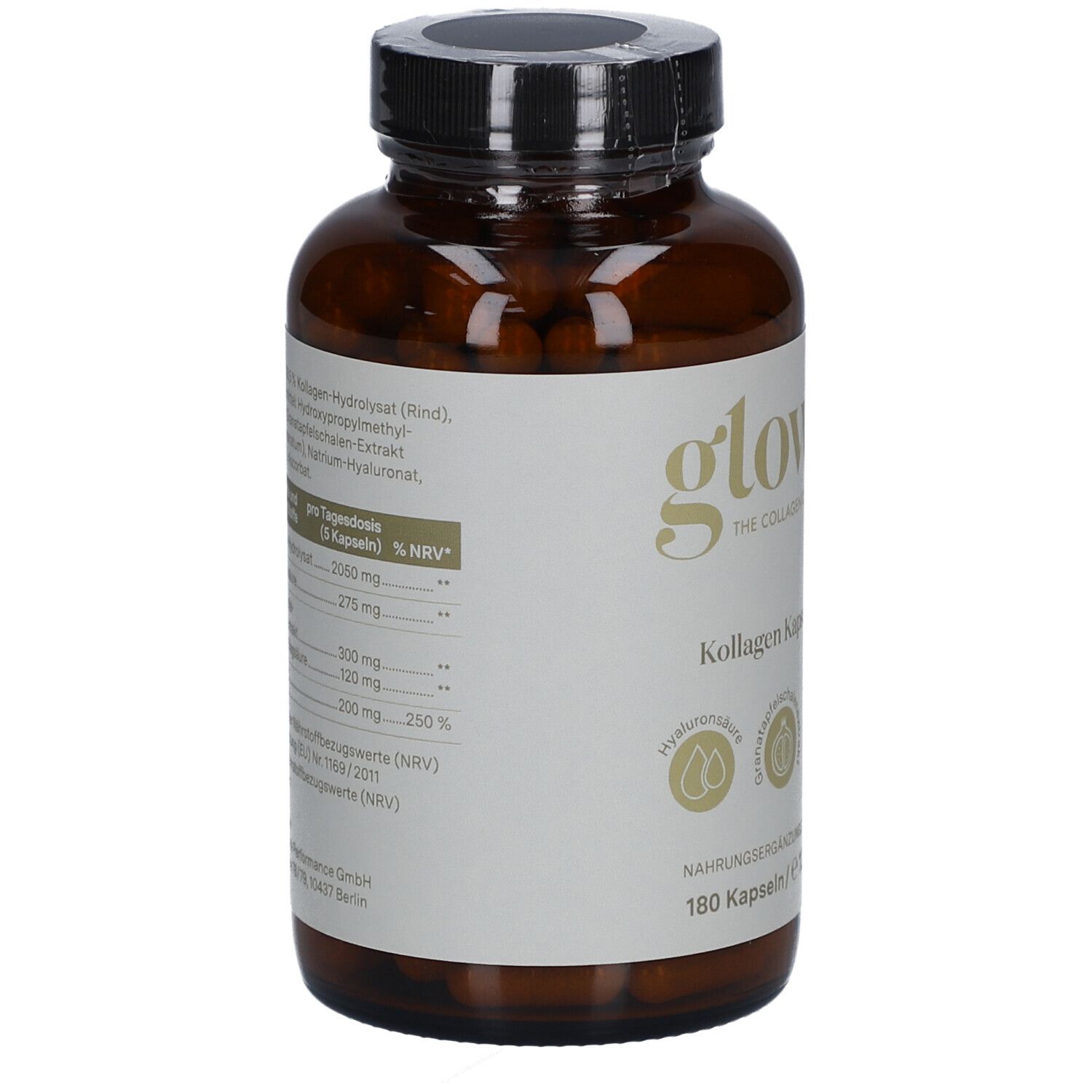 Braune Glasflasche mit Kapseln. Etikett mit Nährwertangaben. Schwarzer Deckel.