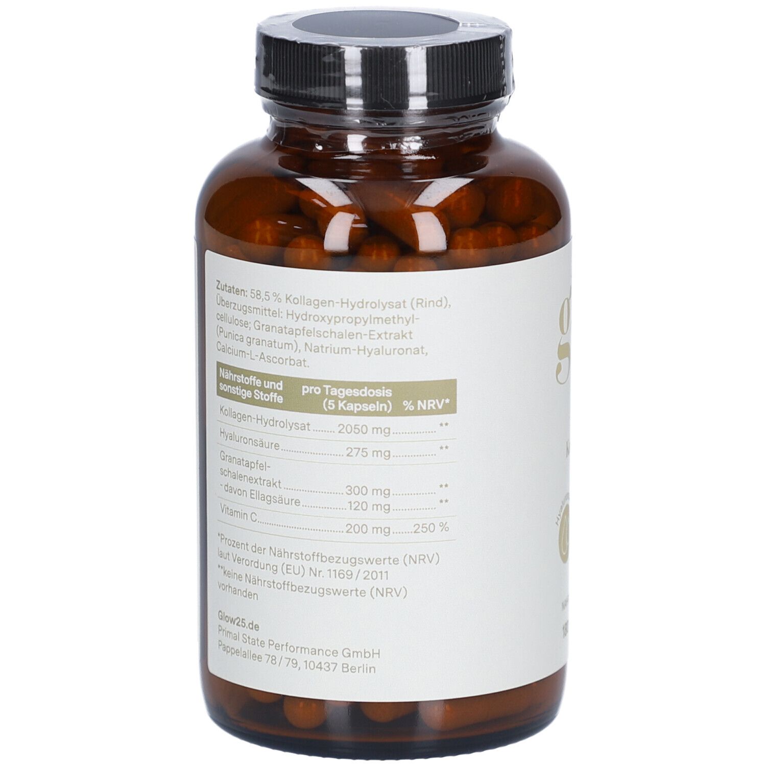 Braune Glasflasche mit Kapseln. Etikett mit Zutaten und Nährwertangaben. Schwarzer Deckel.