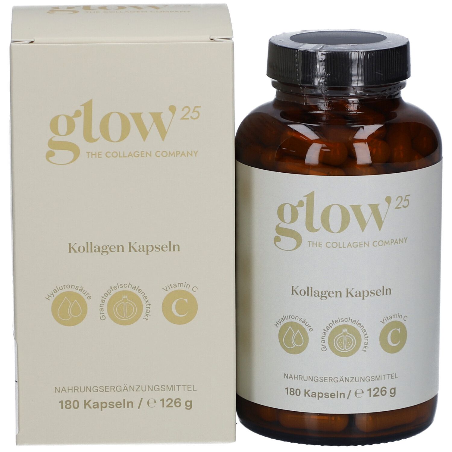 Produktverpackung mit Flasche und Karton. Flasche mit Kapseln, Karton weiß.