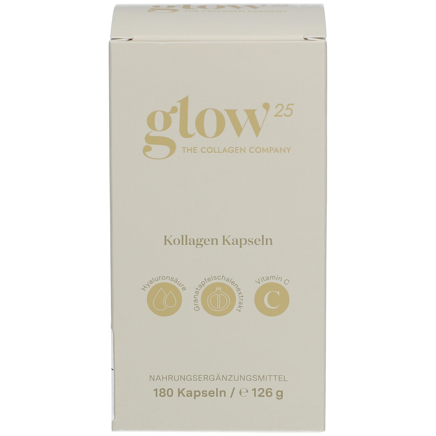 Weiße Produktverpackung. Aufschrift: Kollagen Kapseln. 180 Kapseln.