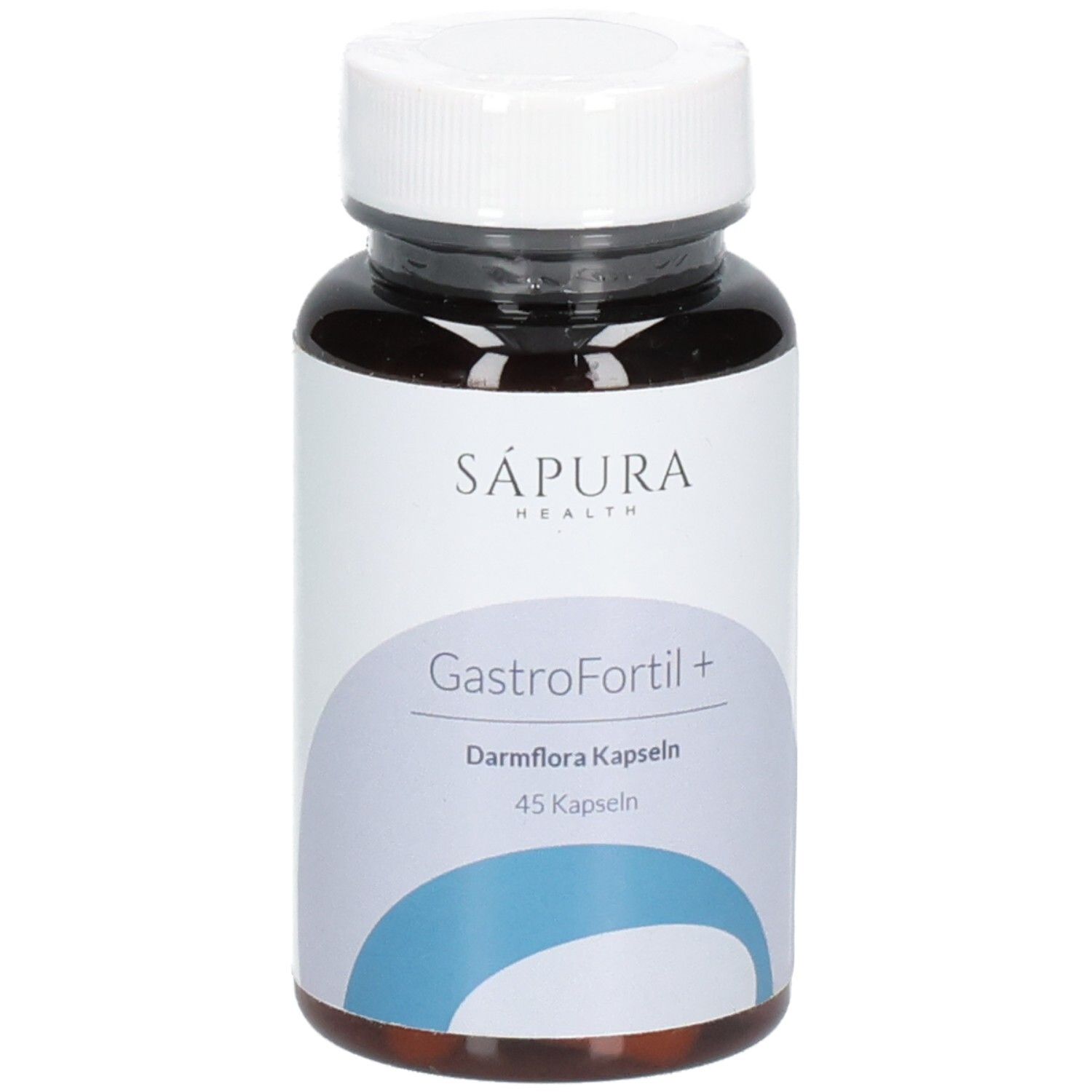 Braune Flasche mit weißen Deckel. Aufschrift: Sápura Health, GastroFortil+, Darmflora Kapseln, 45 Kapseln.