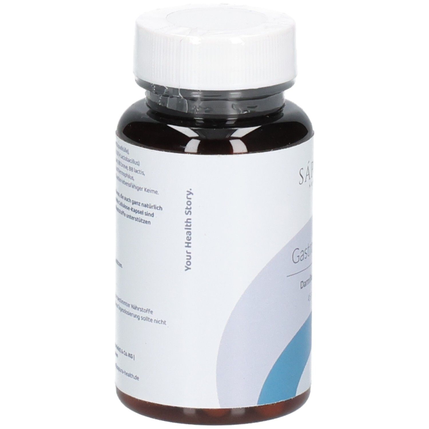 Braune Flasche mit weißem Deckel. Aufschrift: Your Health Story. Rückseite mit Text und Barcode.