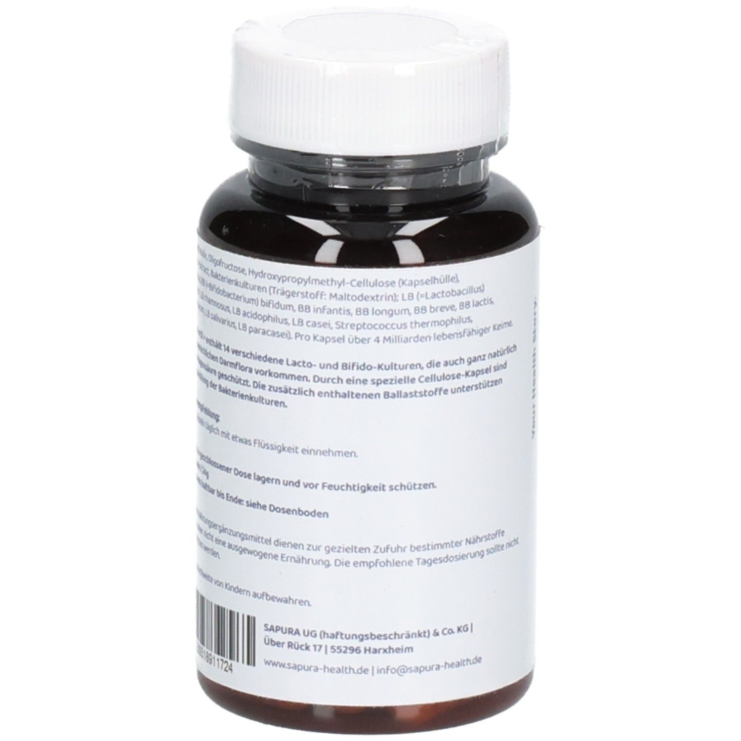 Braune Flasche mit weißem Deckel. Rückseite mit Text über Inhaltsstoffe und Anwendung. Barcode unten.