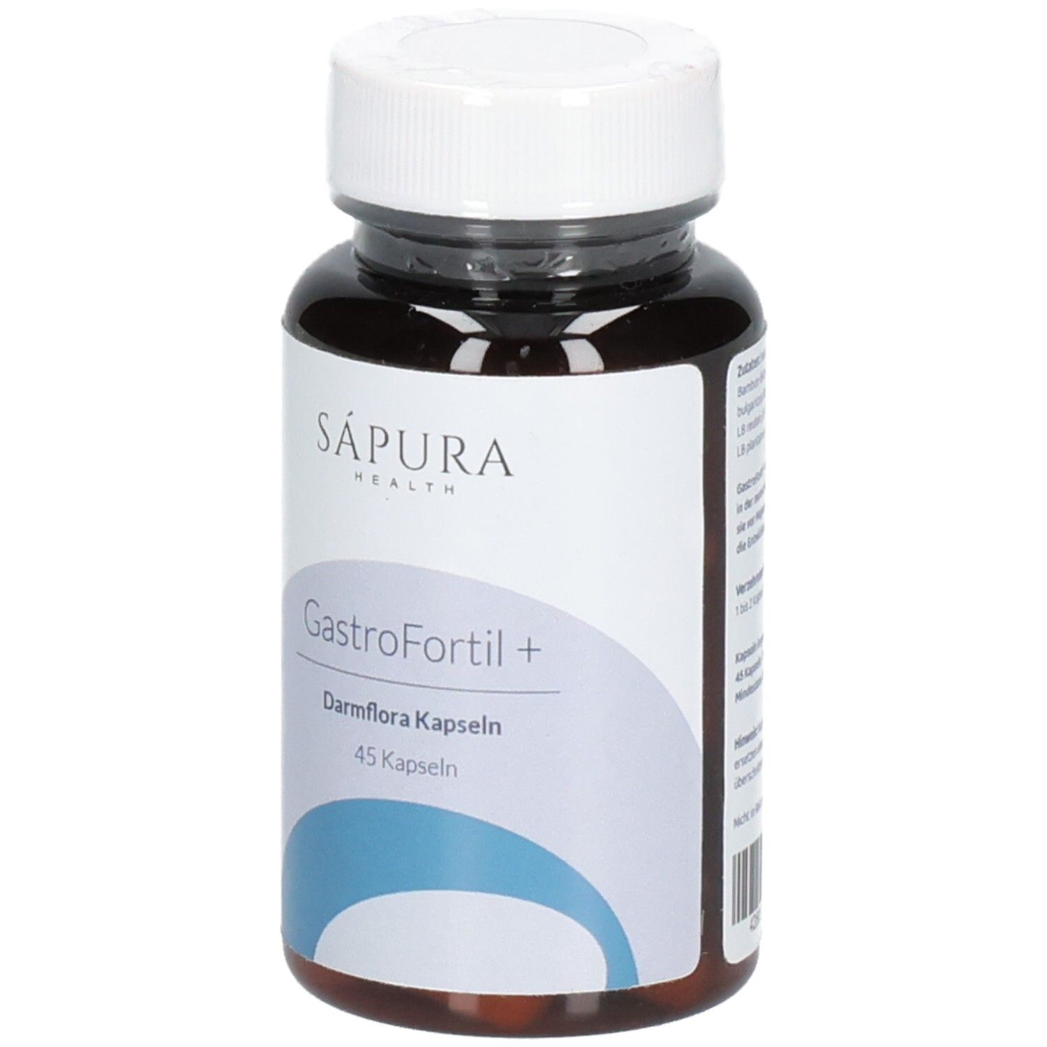 Braune Flasche mit weißem Deckel. Aufschrift: Sápura Health, GastroFortil+, Darmflora Kapseln, 45 Kapseln.