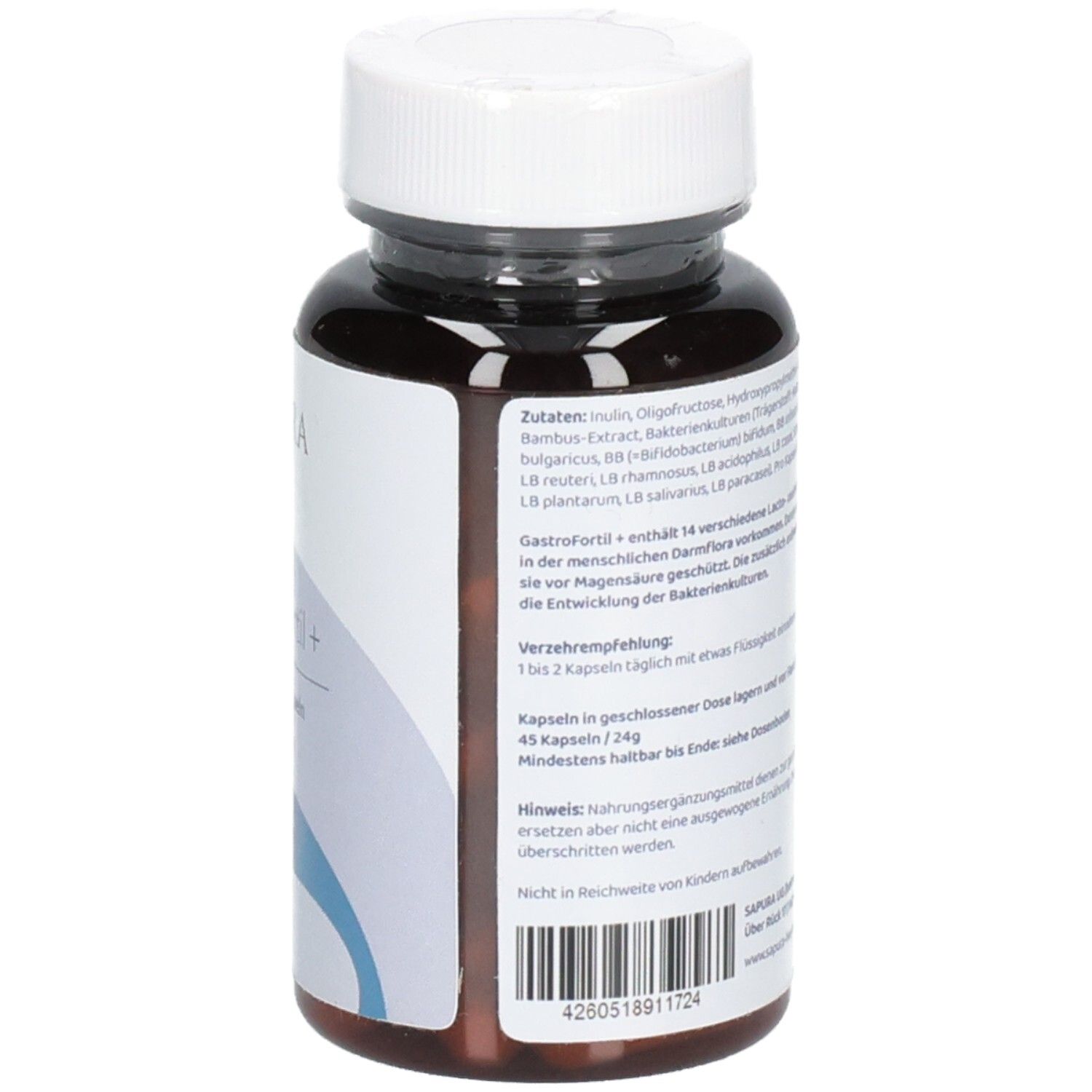Braune Flasche mit weißem Deckel. Rückseite mit Text über Inhaltsstoffe und Anwendung. Barcode unten.