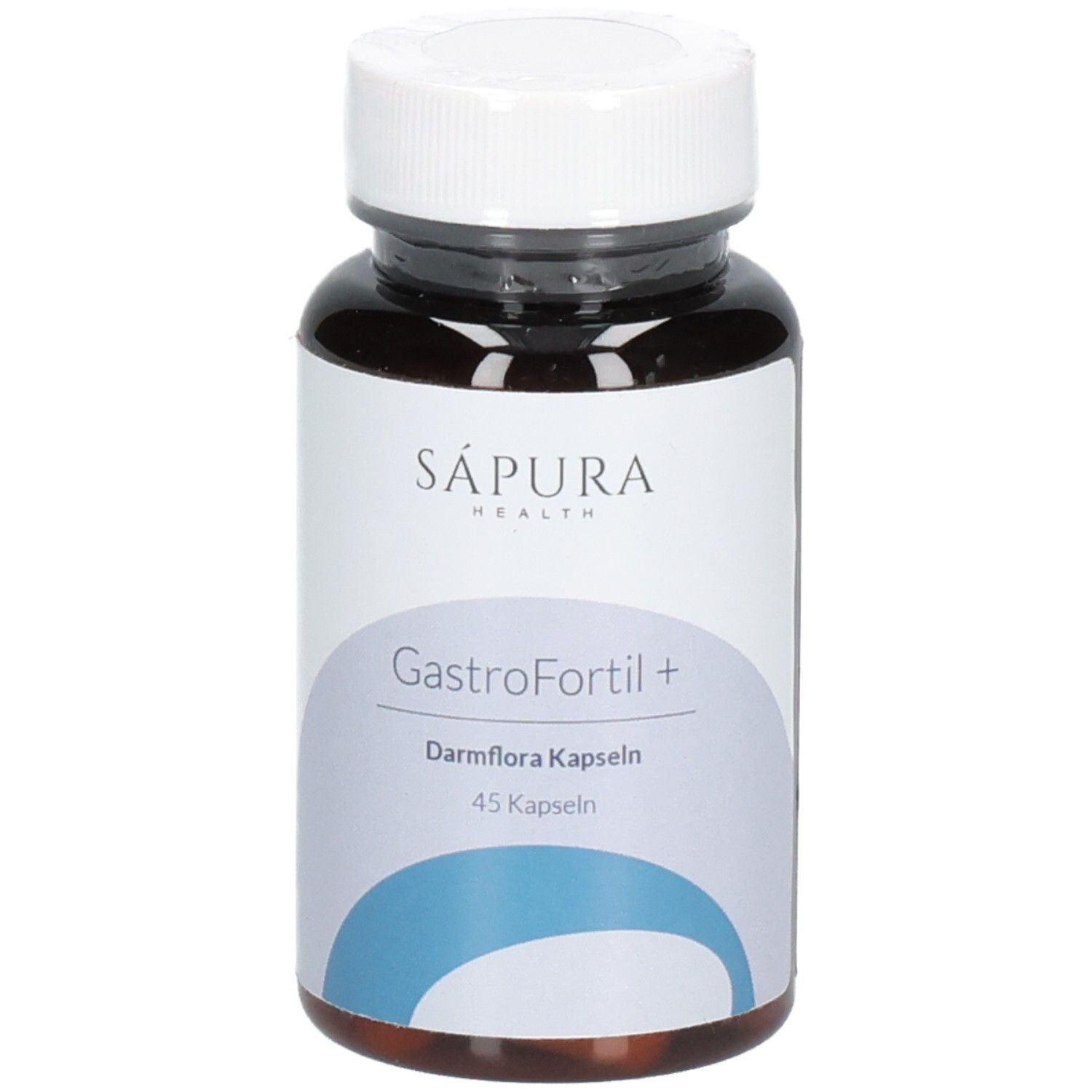Braune Flasche mit weißem Deckel. Aufschrift: Sápura Health, GastroFortil+, Darmflora Kapseln, 45 Kapseln.