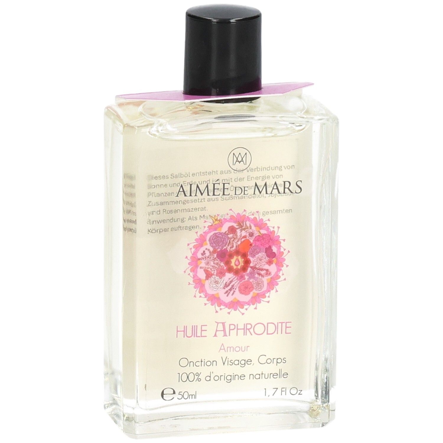 Flacon en verre avec liquide clair, bouchon noir et étiquette rose. Motif floral et texte sur l'étiquette.