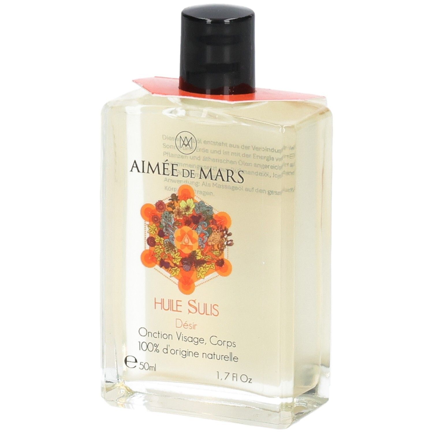 Quadratische Glasflasche mit schwarzem Deckel. Etikett mit Produktnamen und Logo. 1,7 fl oz.