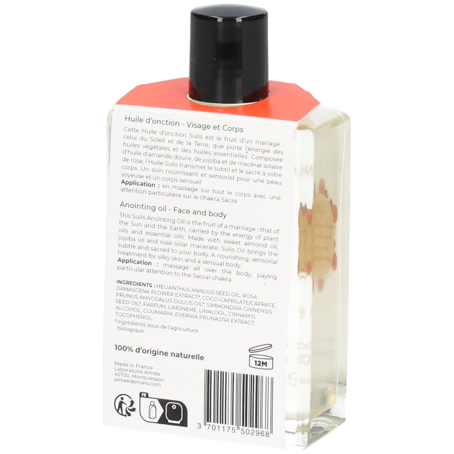 Glasflasche mit schwarzem Deckel. Rückseite mit Text und Inhaltsstoffen. 100% natürliche Herkunft.