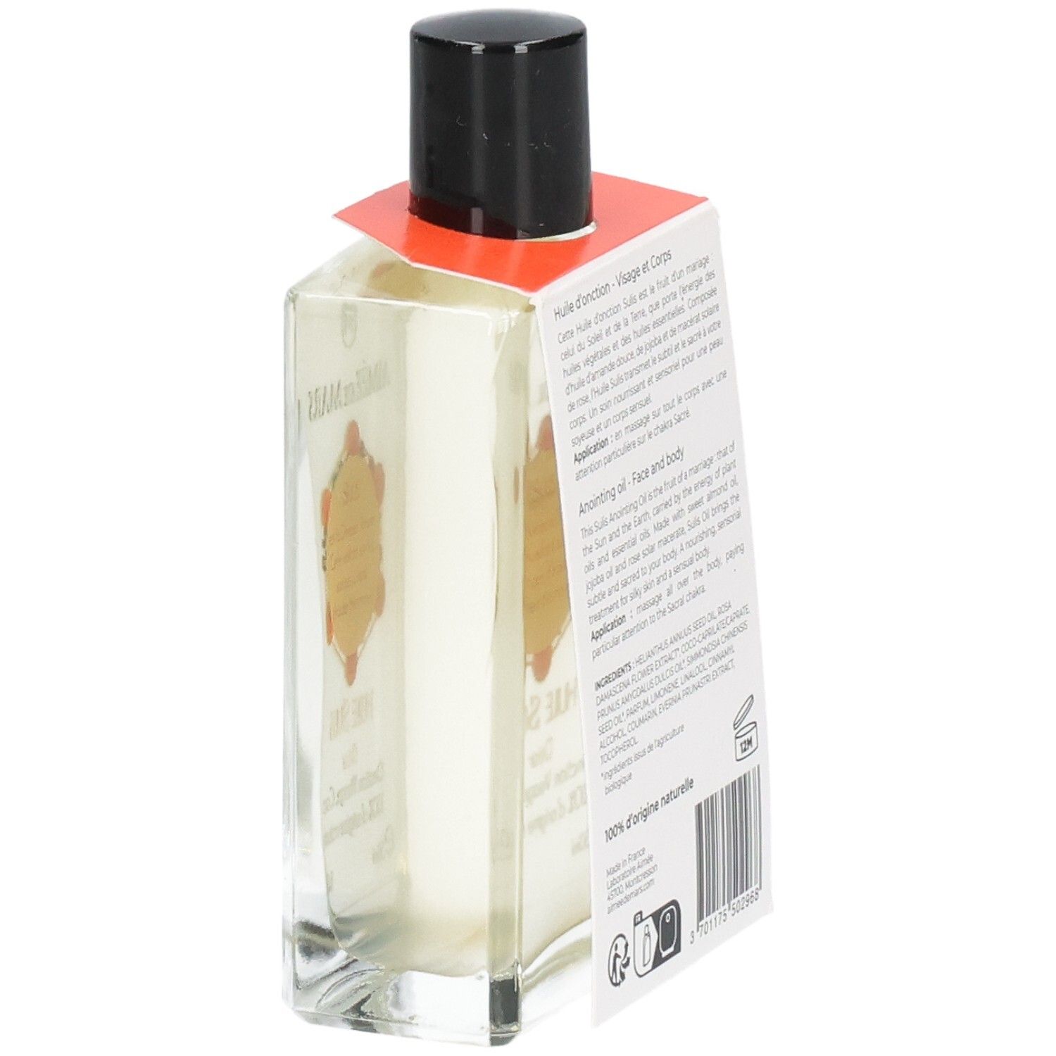 Glasflasche mit schwarzem Deckel. Etikett mit Produktinformationen. 100% natürliche Herkunft.
