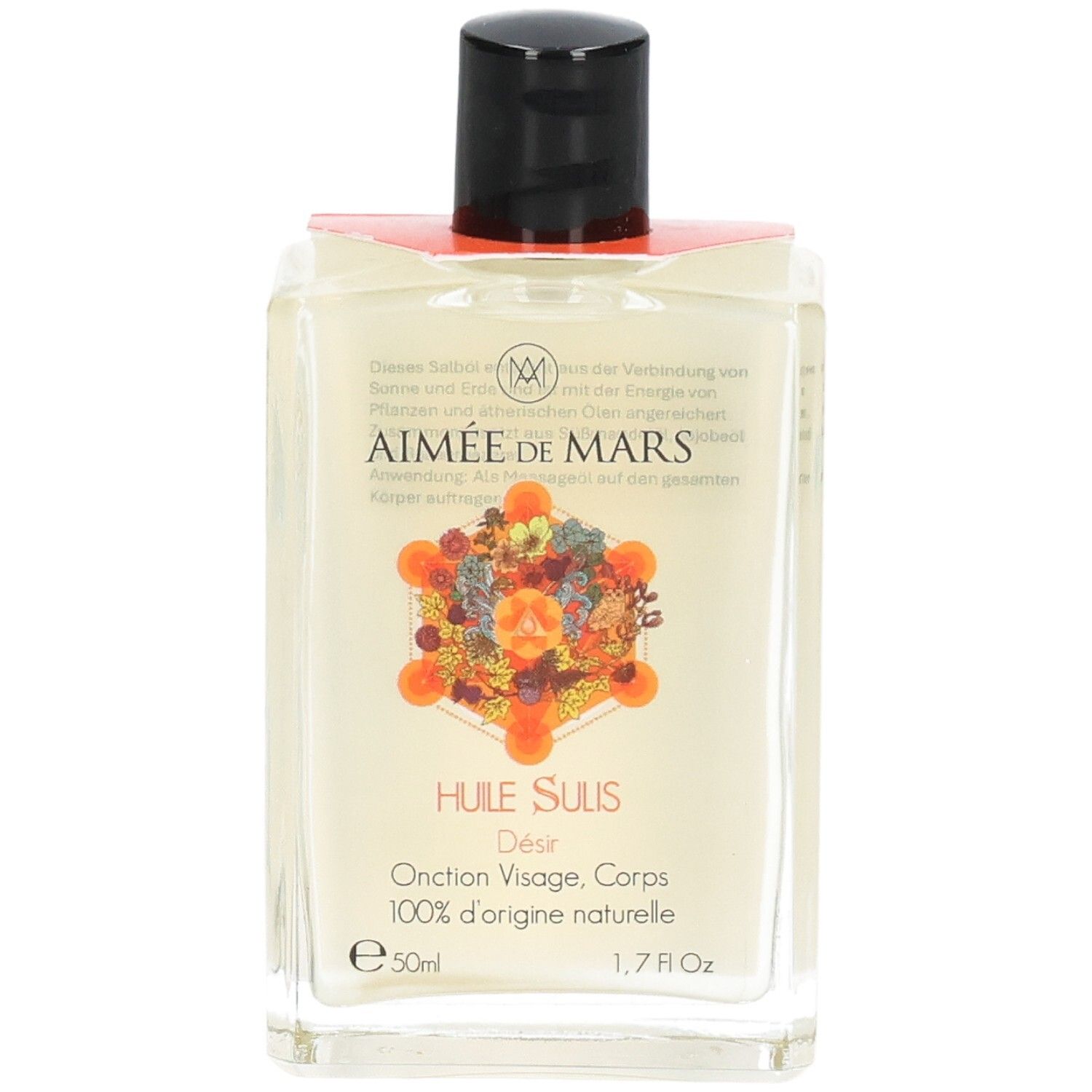 Quadratische Glasflasche mit schwarzem Deckel. Etikett mit Produktnamen und Logo. 1,7 fl oz.