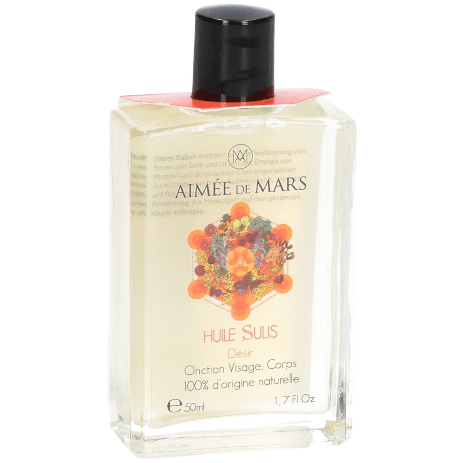 Quadratische Glasflasche mit schwarzem Deckel. Etikett mit Produktnamen und Logo. 1,7 fl oz.