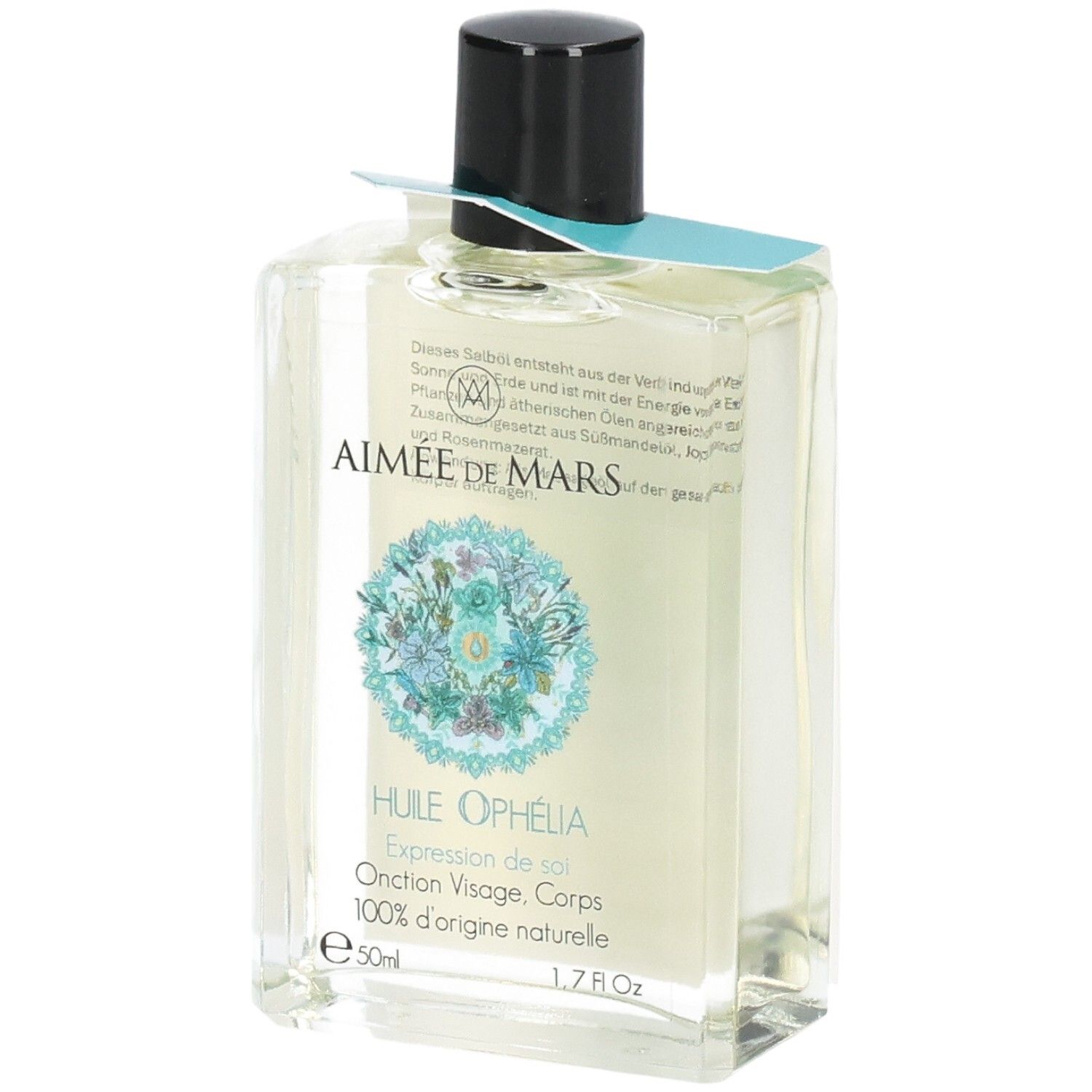 Klarflüssiges Öl in einer rechteckigen Glasflasche mit schwarzem Deckel. Aufkleber mit floralem Design und Text.