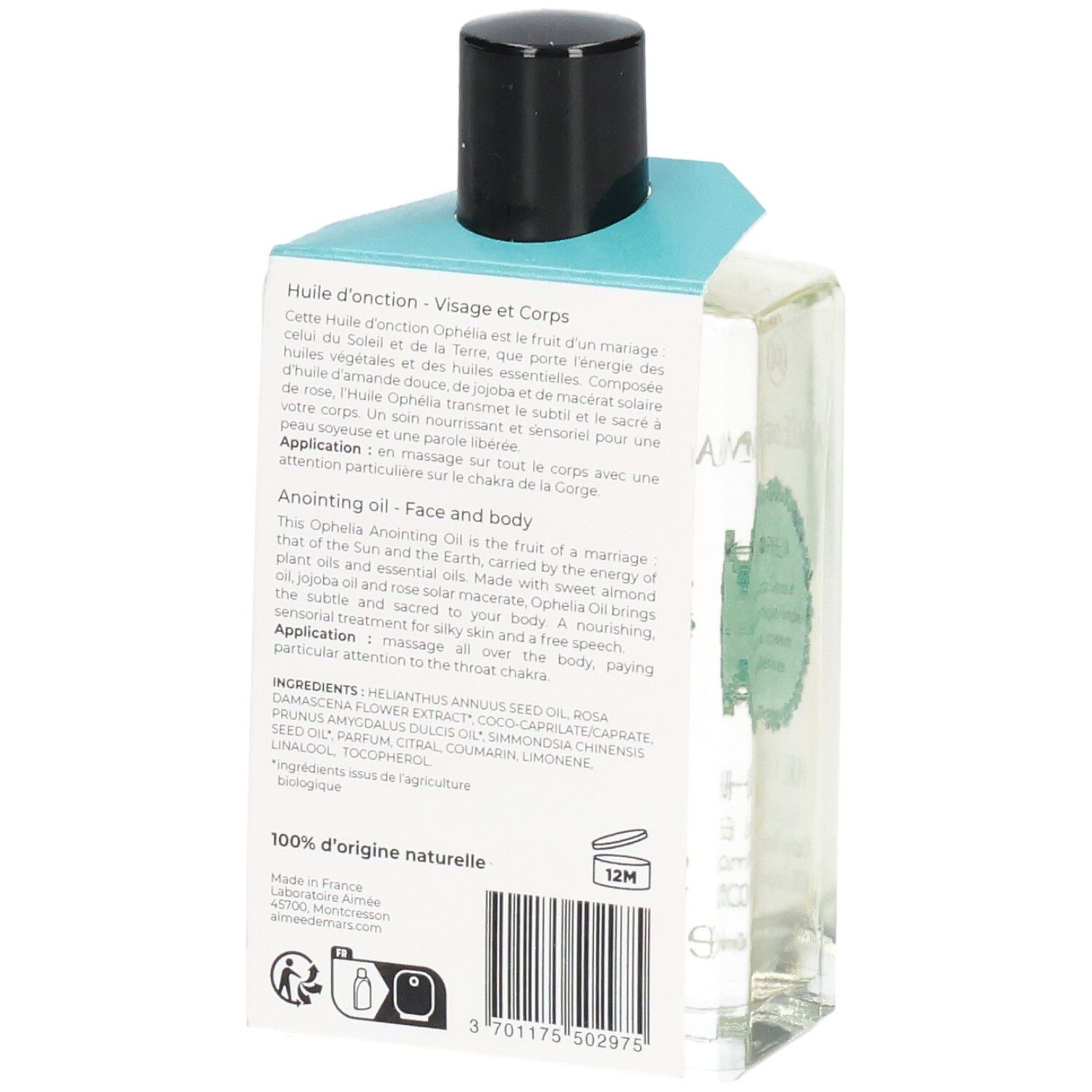 Rückseite der Glasflasche mit Text und Inhaltsstoffen. Schwarzer Deckel und Etikett.