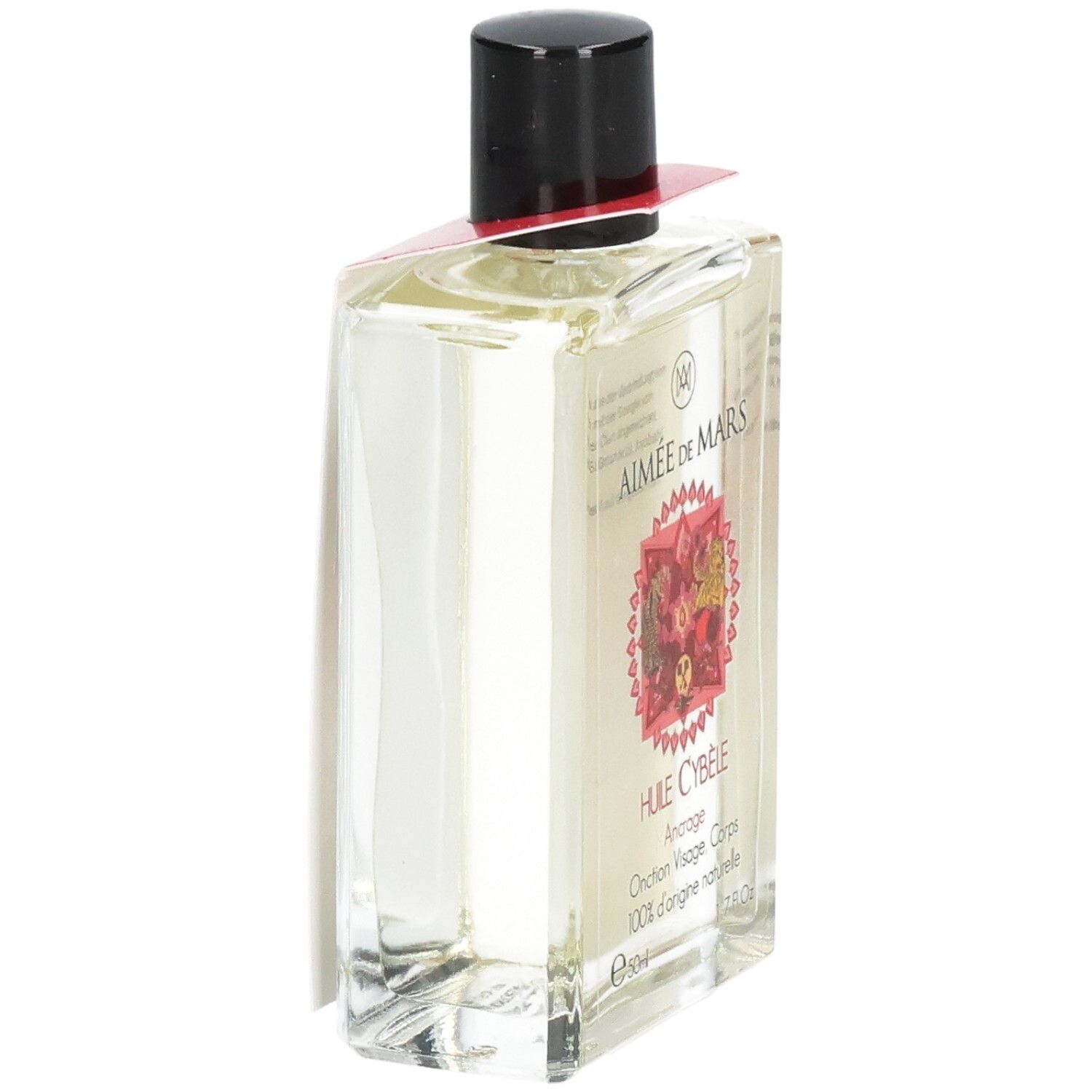 Glasflasche mit Öl, schwarzem Deckel und Etikett. Aufschrift: Huile Cybèle, 100% d'origine naturelle. Ansicht von der Seite.