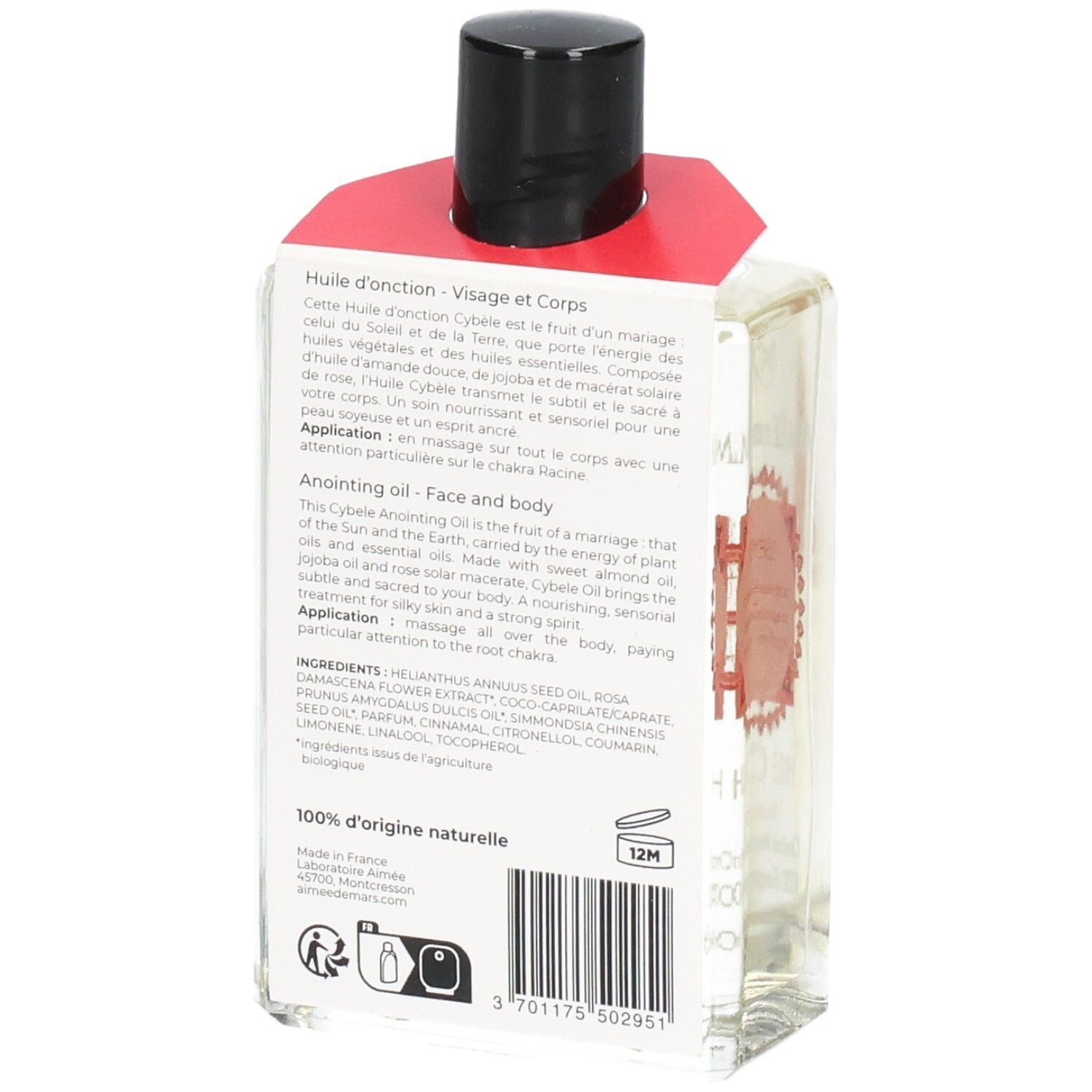 Rückseite der Ölflasche mit Text. Enthält Informationen über die Inhaltsstoffe und Anwendung. 100% d'origine naturelle.