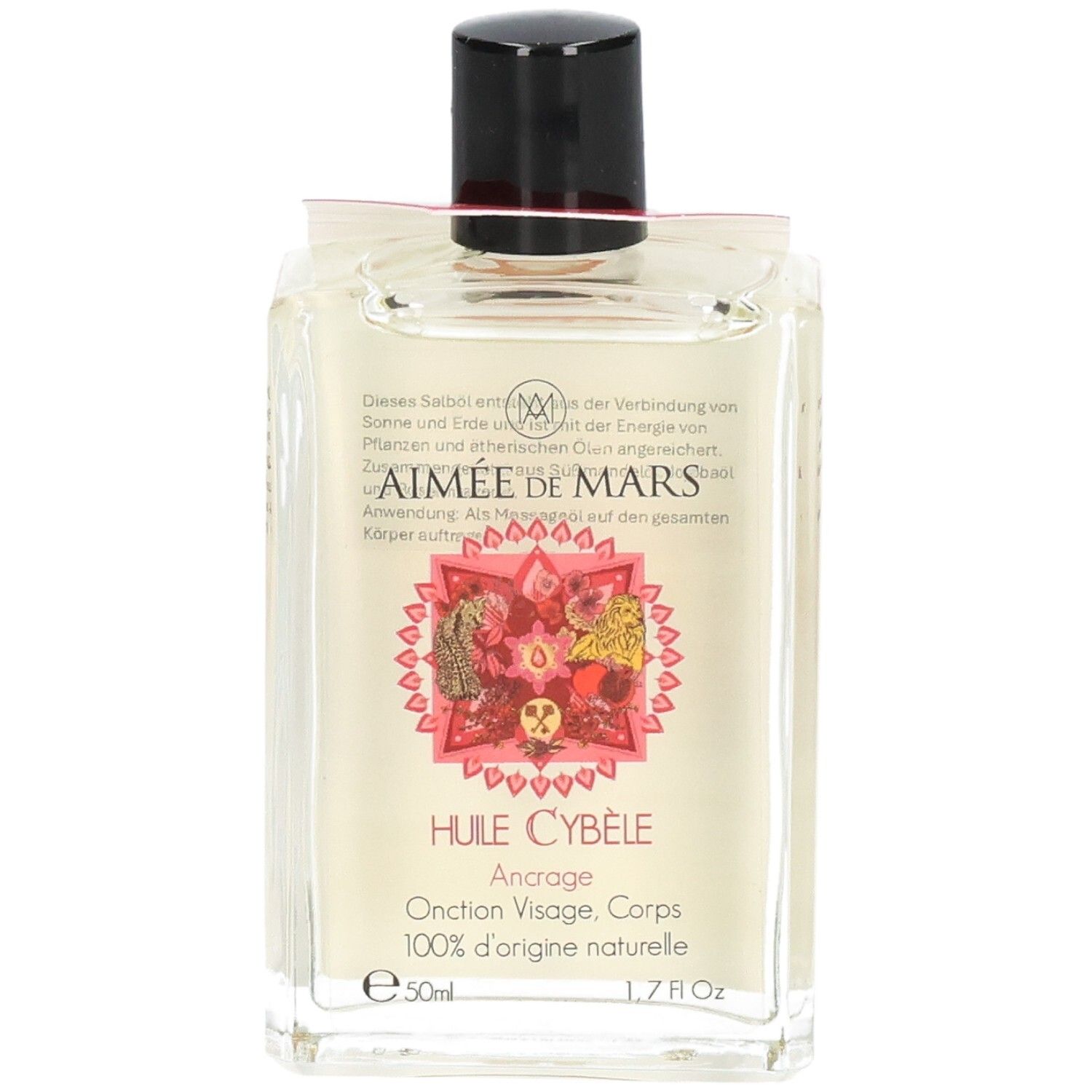 Quadratische Glasflasche mit schwarzem Deckel. Aufschrift: Huile Cybèle, 100% d'origine naturelle. 50ml, 1.7 fl Oz.
