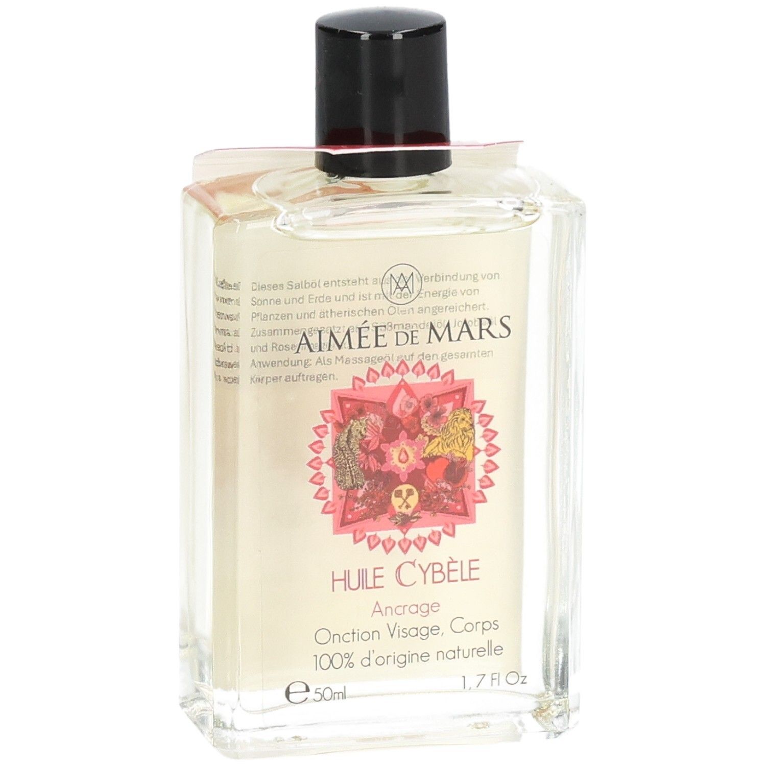 Glasflasche mit schwarzem Deckel und Etikett. Aufschrift: Huile Cybèle, 100% d'origine naturelle. 50ml, 1.7 fl Oz.