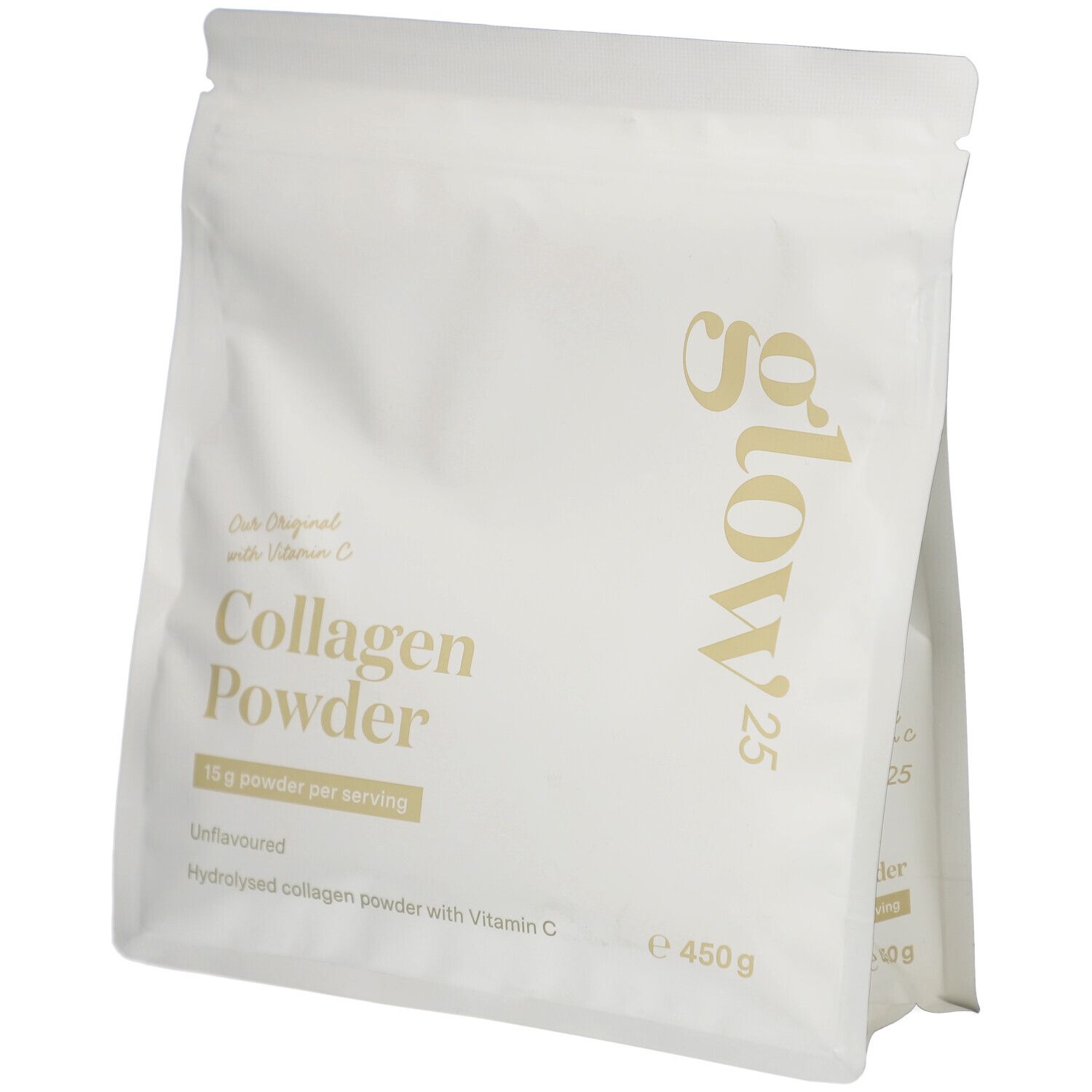 Beutel mit Glow25 Collagen Powder. Weiß, mit goldfarbenem Schriftzug. Enthält Kollagenhydrolysat mit Vitamin C. 450g.