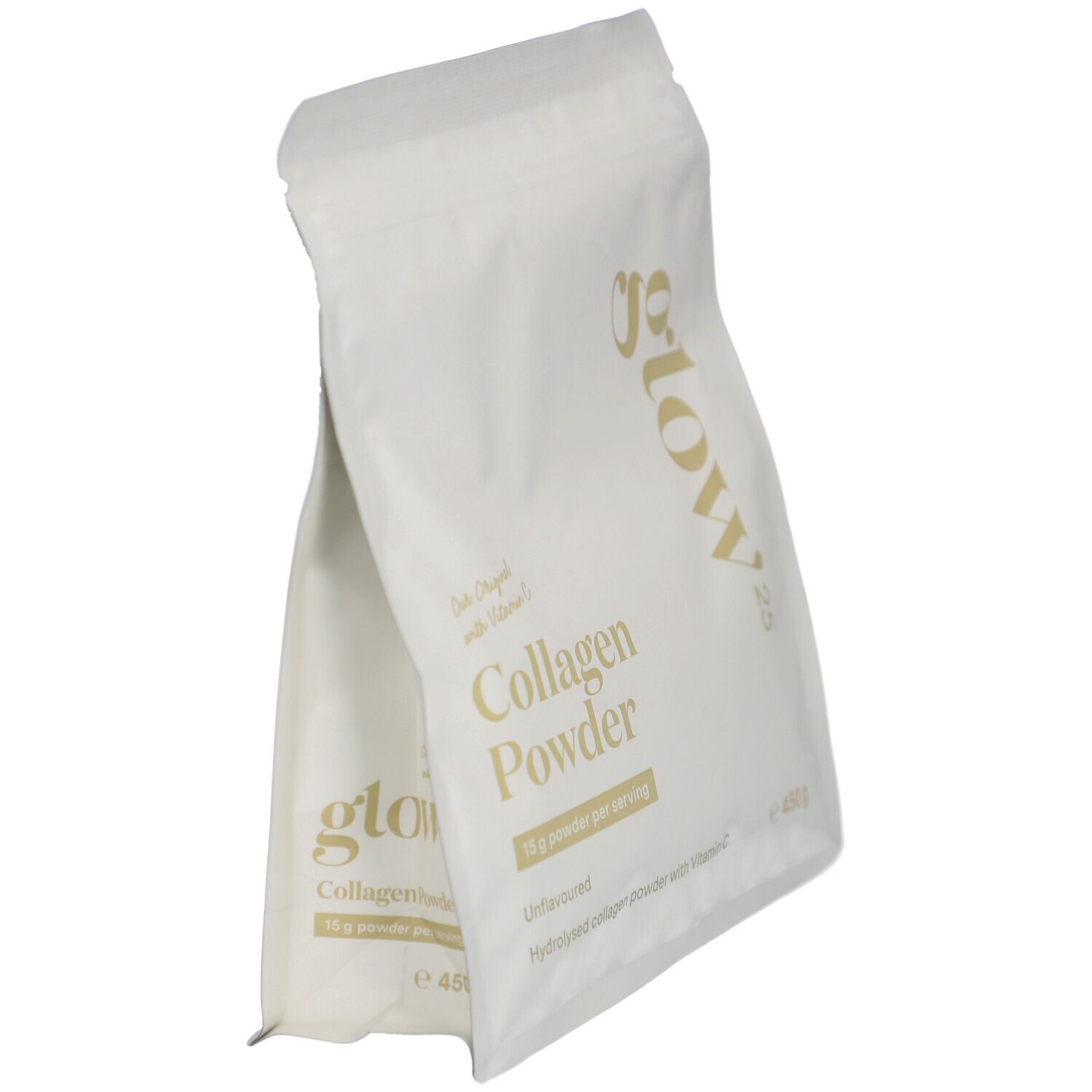 Zwei Beutel Glow25 Collagen Powder. Weiß, goldfarbener Schriftzug. Kollagenhydrolysat mit Vitamin C. 450g.