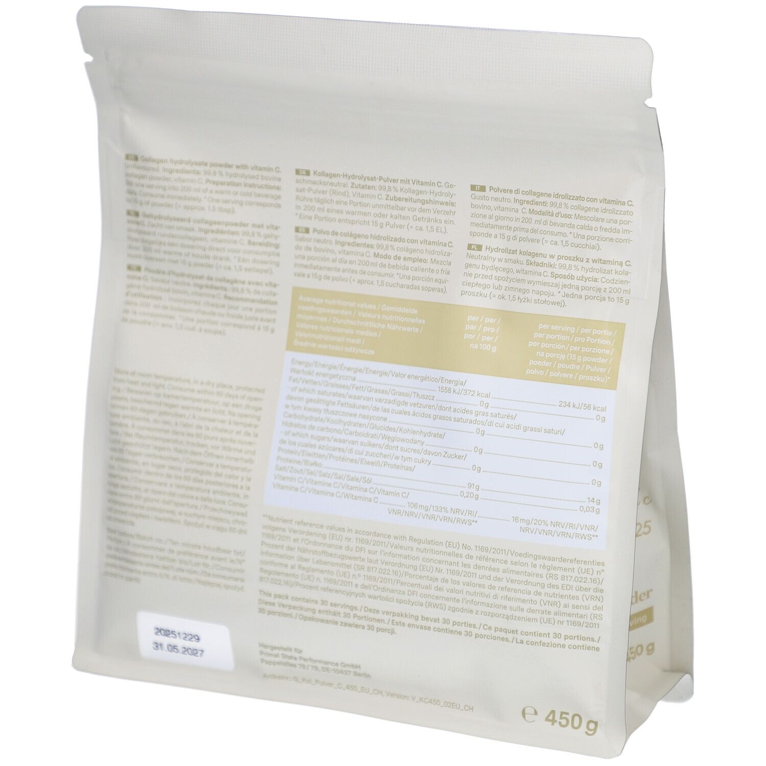 Rückseite eines Beutels Glow25 Collagen Powder. Enthält Informationen zu Inhaltsstoffen und Nährwerten. 450g.