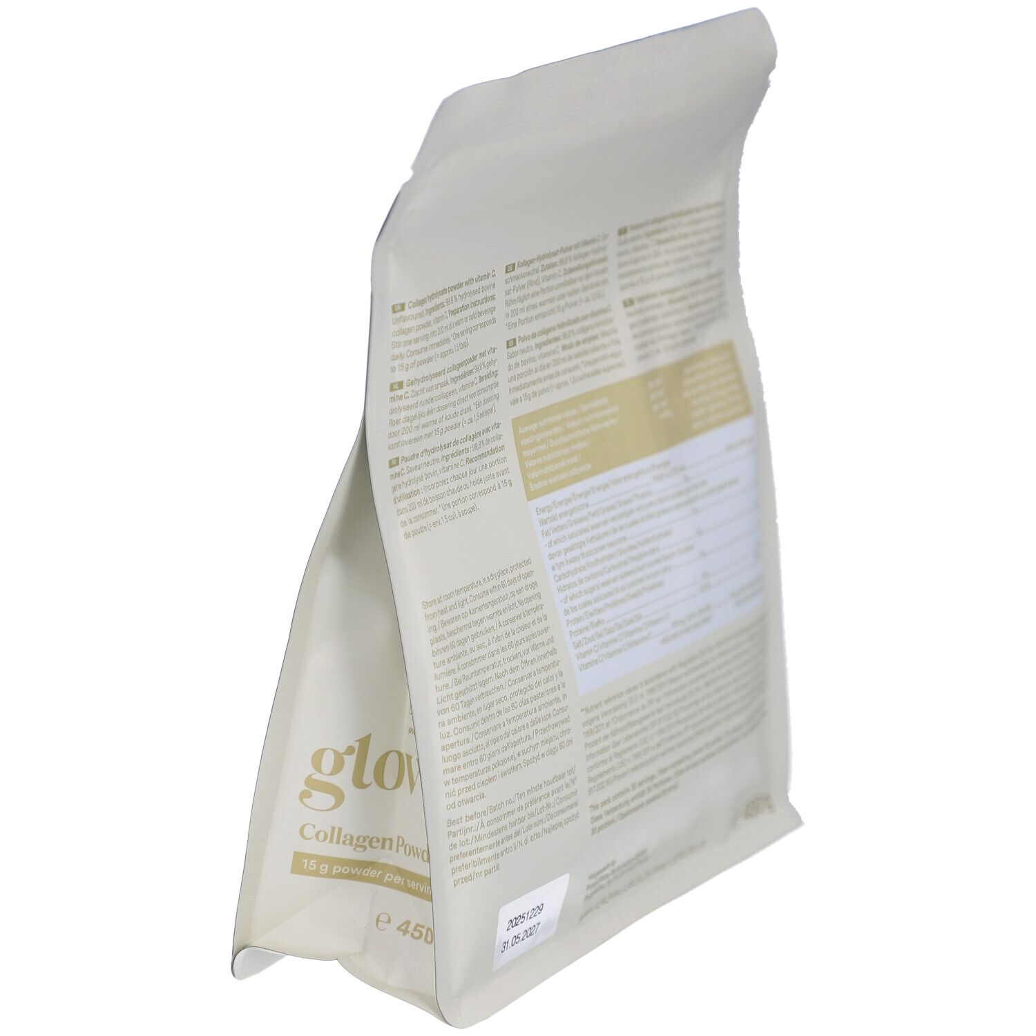 Seitenansicht eines Beutels Glow25 Collagen Powder. Enthält Informationen zu Inhaltsstoffen und Nährwerten. 450g.