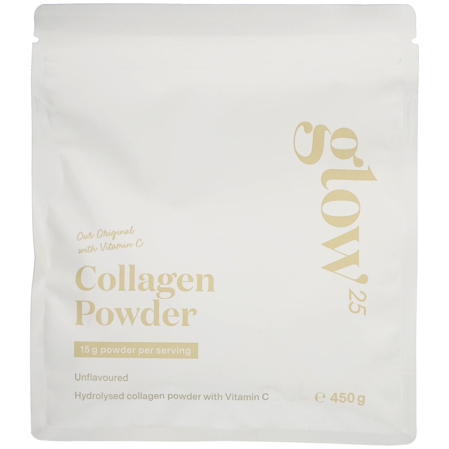 Beutel Glow25 Collagen Powder. Weiß, goldfarbener Schriftzug. Enthält Kollagenhydrolysat mit Vitamin C. 450g.
