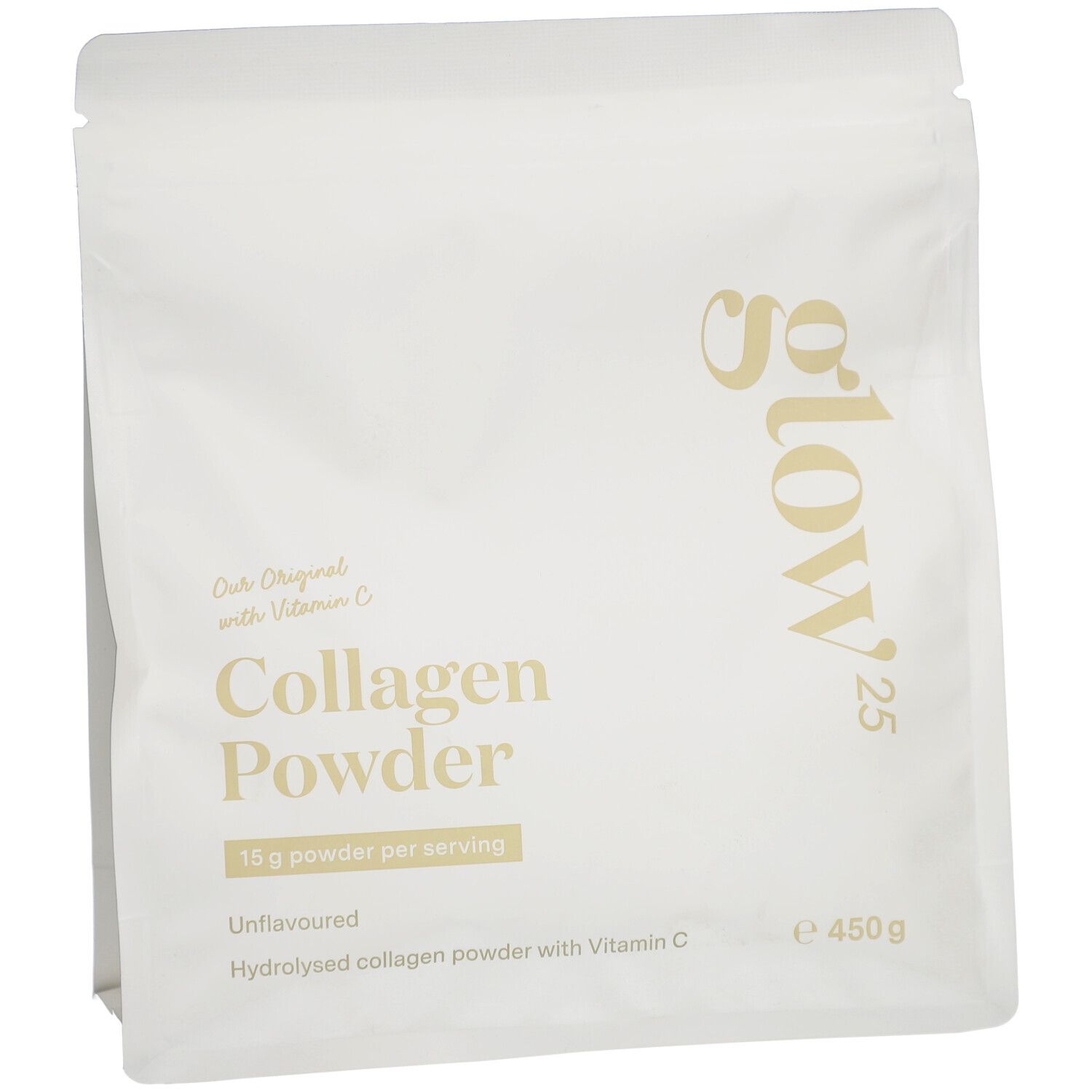 Beutel Glow25 Collagen Powder. Weiß, goldfarbener Schriftzug. Enthält Kollagenhydrolysat mit Vitamin C. 450g.