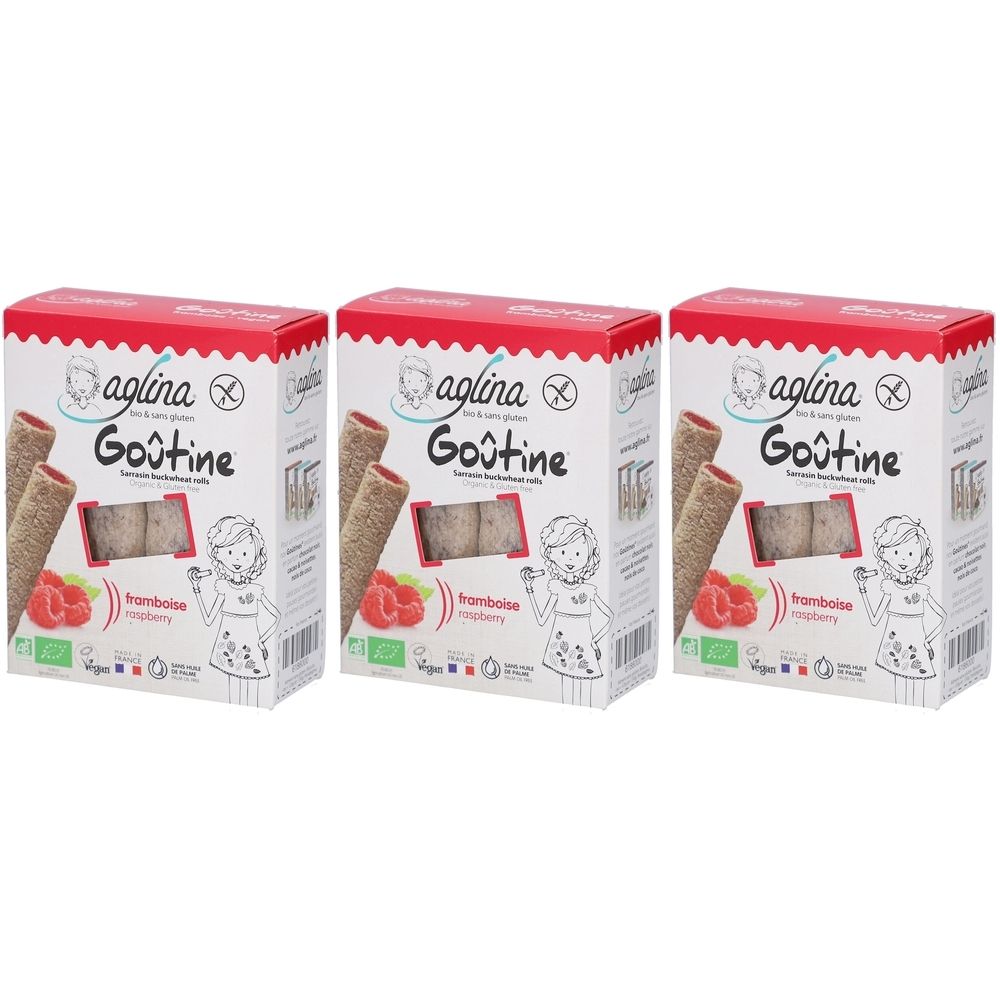 Drei Kartons Aglina Goûtine. Rote und weiße Verpackung mit Produktabbildung und Schriftzug. Glutenfrei, vegan.
