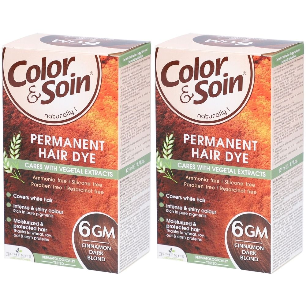 Deux boîtes de coloration capillaire. Inscription: Color & Soin, Permanent Hair Dye, 6GM Cinnamon Dark Blond. Sans ammoniaque, silicone et parabène.