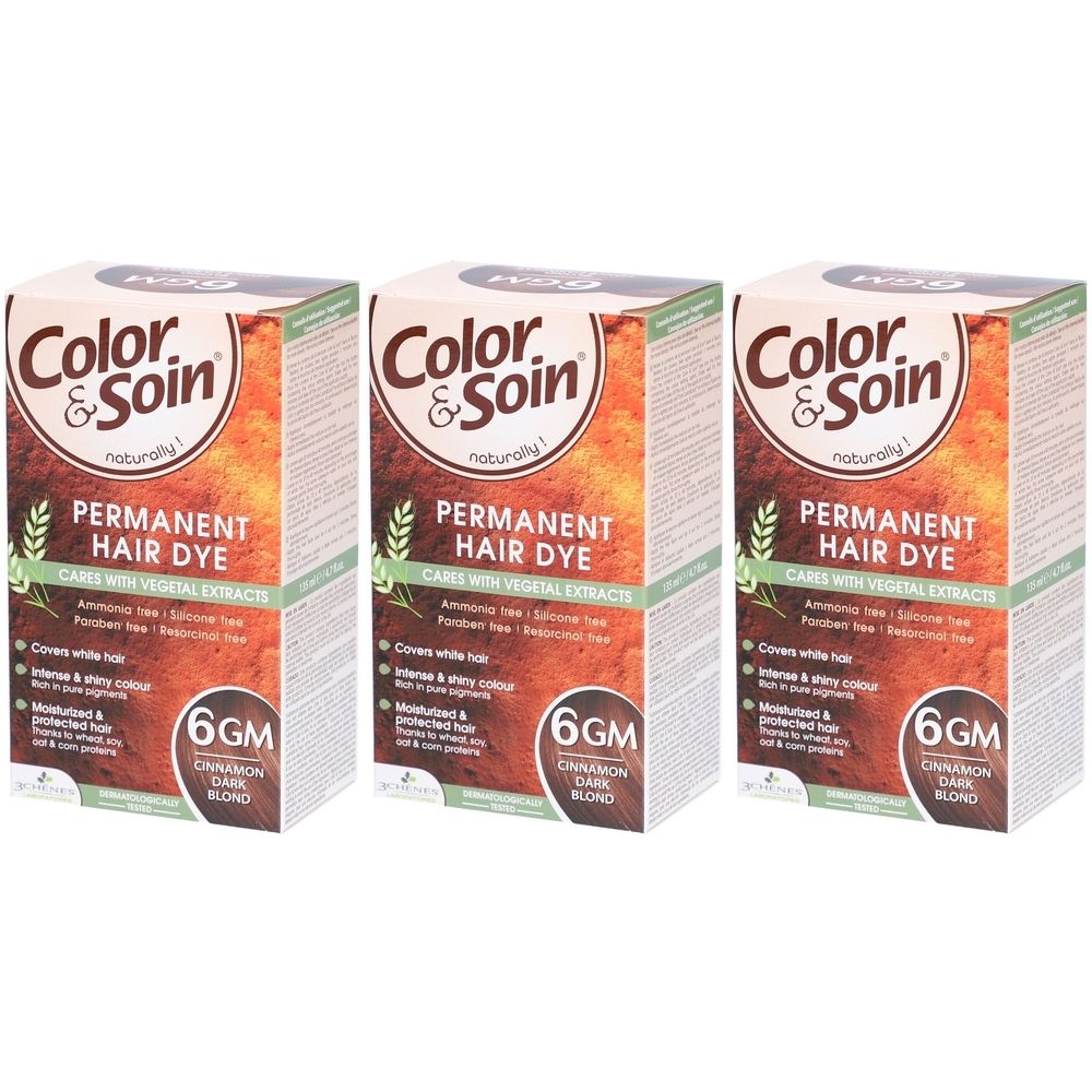 Trois boîtes de coloration capillaire Les 3 Chênes Color & Soin. Inscription: 6GM, Cinnamon Dark Blond. Contient des extraits végétaux.