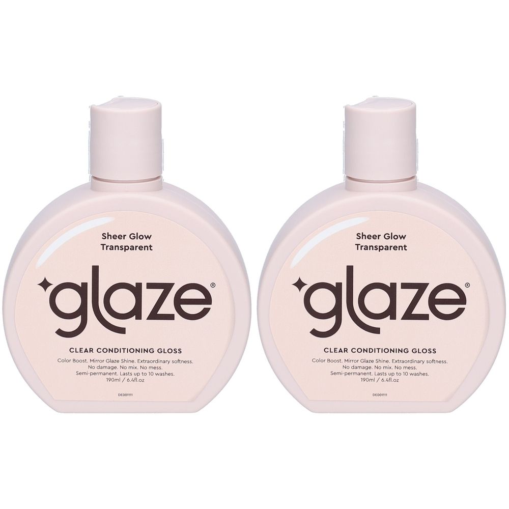 Zwei runde, rosa Flaschen mit weißem Deckel. Auf jeder Flasche steht "glaze" und "Sheer Glow Transparent".