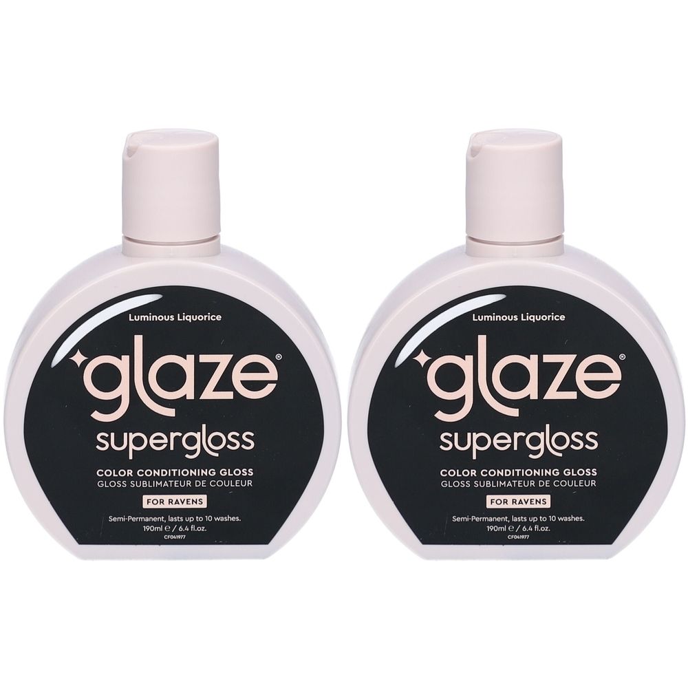 Zwei Flaschen Glaze Supergloss, Luminous Liquorice. Schwarze Etiketten mit Schriftzug. Für dunkles Haar. Farbglanz-Pflege.