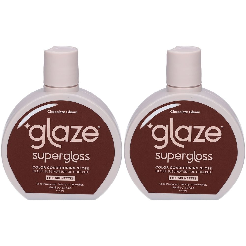 Deux flacons de Glasur Supergloss, couleur marron. Inscription : glaze supergloss, Color Conditioning Gloss.