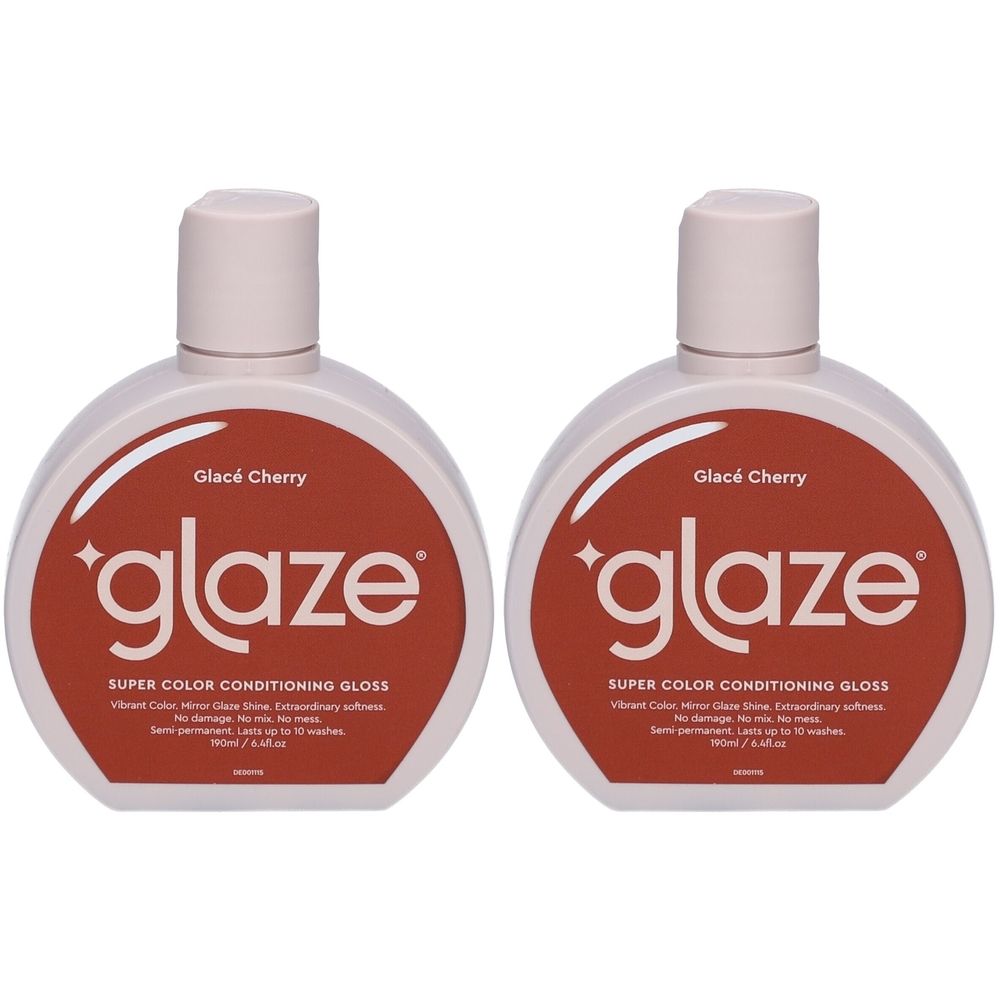 Deux flacons Glaze Supergloss Glacé Cherry. Forme ronde, blanc avec étiquette rouge. Texte: Glaze, Glacé Cherry, Super Color Conditioning Gloss.