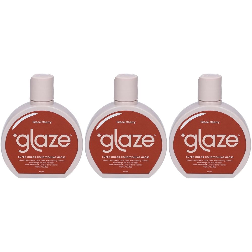 Trois flacons de Glaze Super Color Conditioning Gloss Glacé Cherry. Flacons ronds, bouchons blancs, étiquettes rouges.